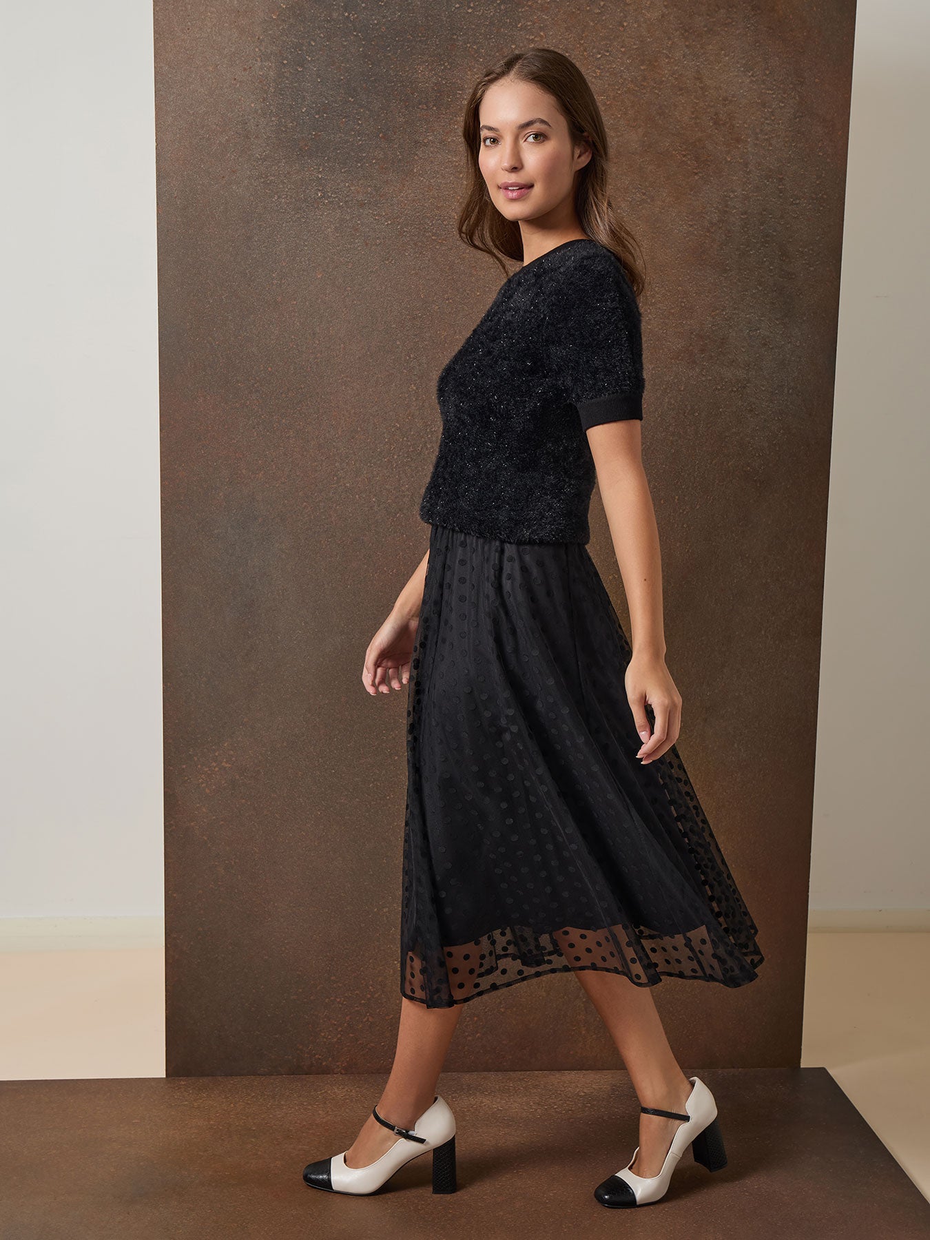 Pull-On Shirred Skirt, Flocked Dot 2 Crew Neck Eyelash Pullover