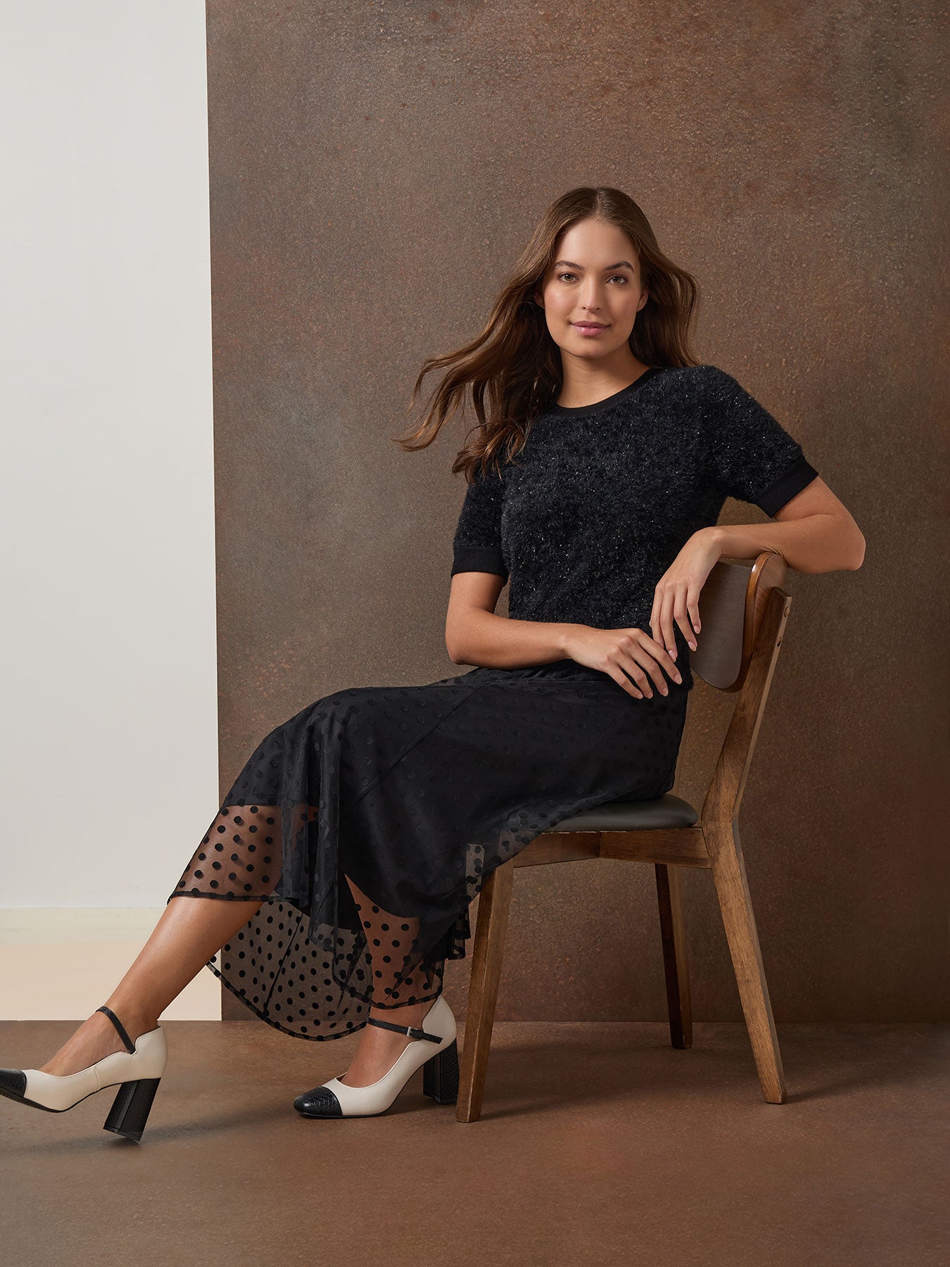 Pull-On Shirred Skirt, Flocked Dot 5 Crew Neck Eyelash Pullover