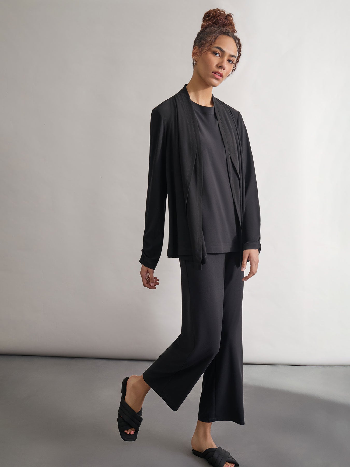 Long Sleeve Double Layer Cardigan, Moss Crepe 2 Long Sleeve Double Layer Cardigan, Moss Crepe