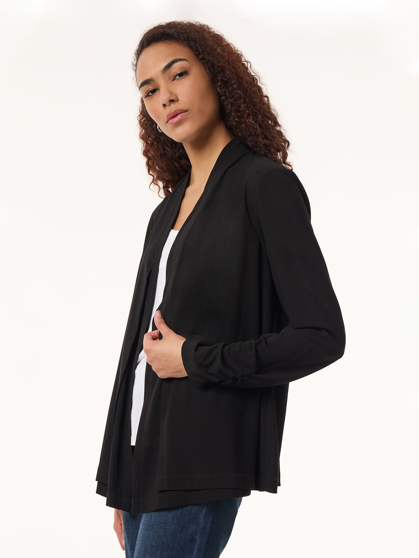 Long Sleeve Double Layer Cardigan, Moss Crepe 3 Long Sleeve Double Layer Cardigan, Moss Crepe