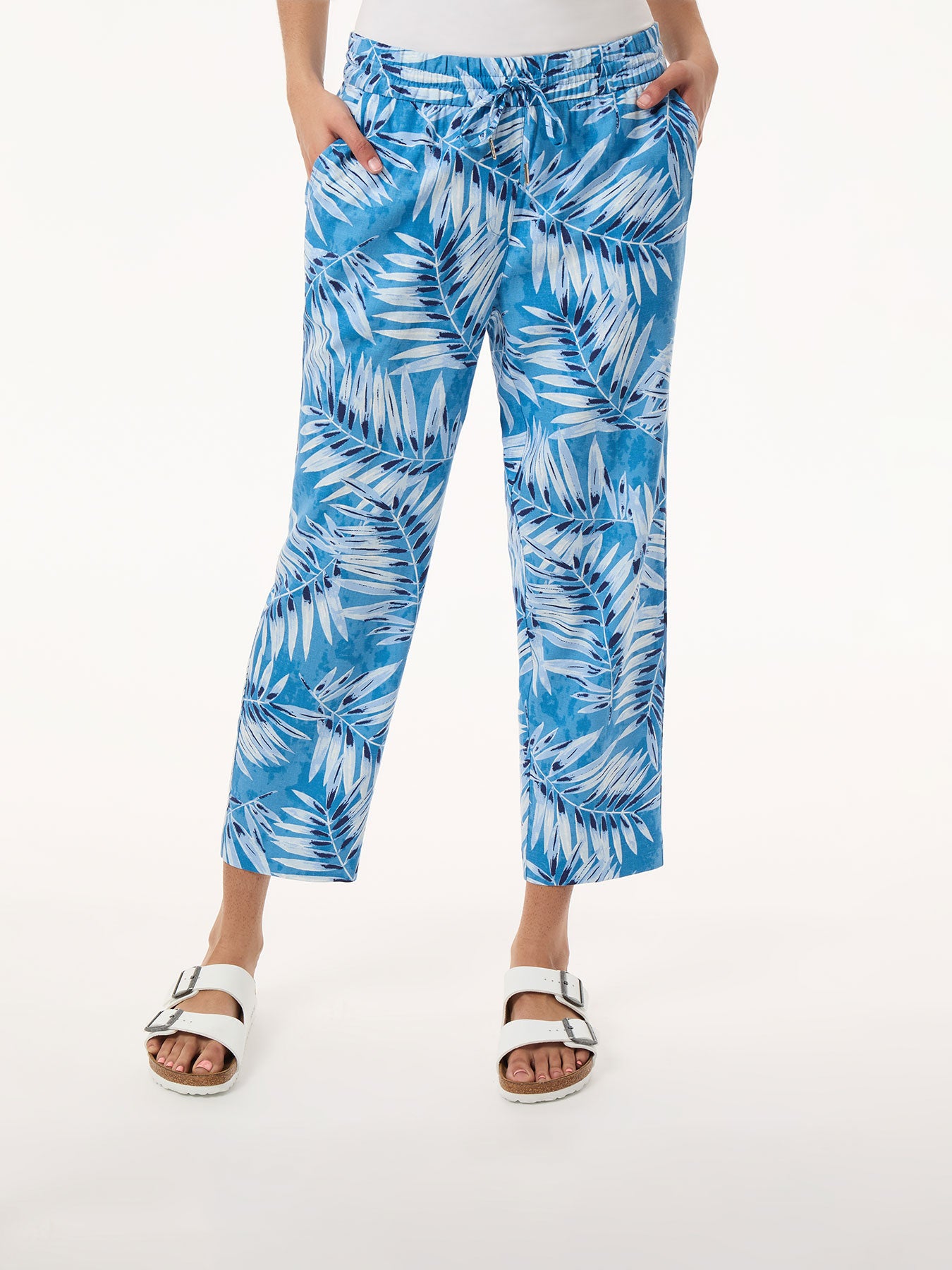 Petite Pull On Drawstring Cropped Trouser, Printed Linen Blend