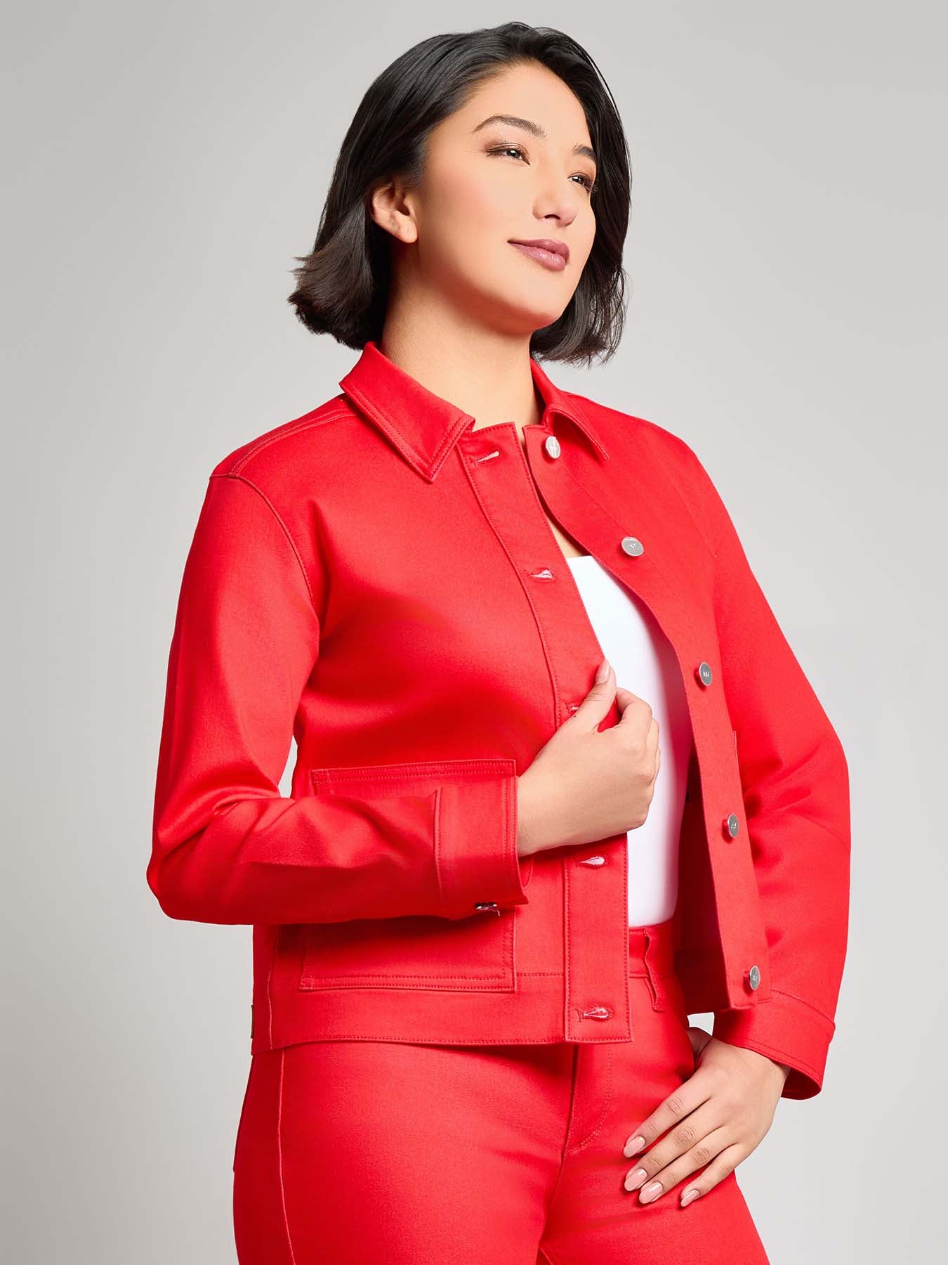 Patch Pocket Denim Jacket, Rouge 3 Patch Pocket Denim Jacket, Rouge