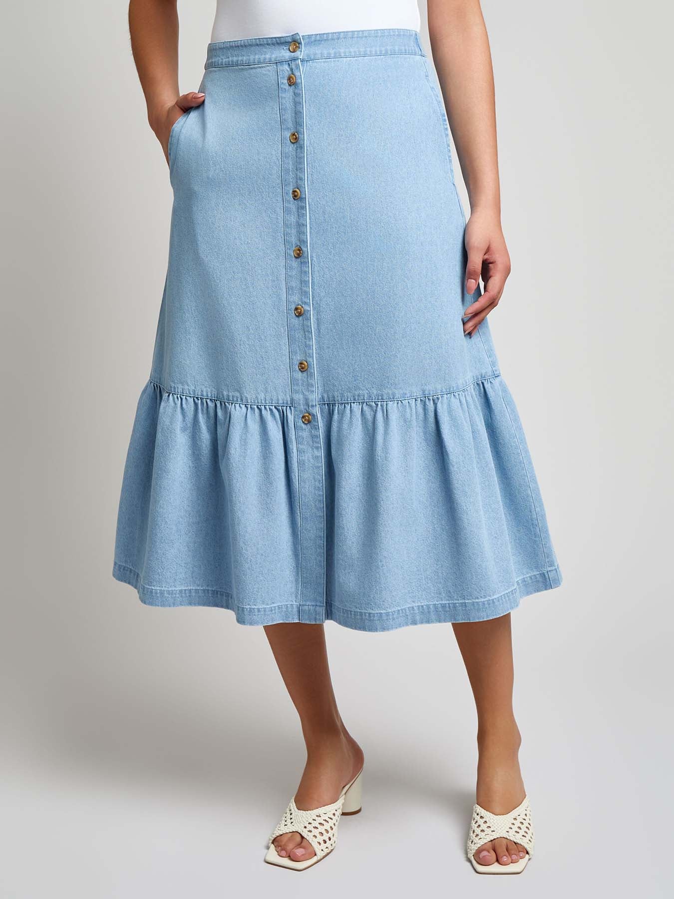 Petite Flounced Button Front Skirt, Chambray