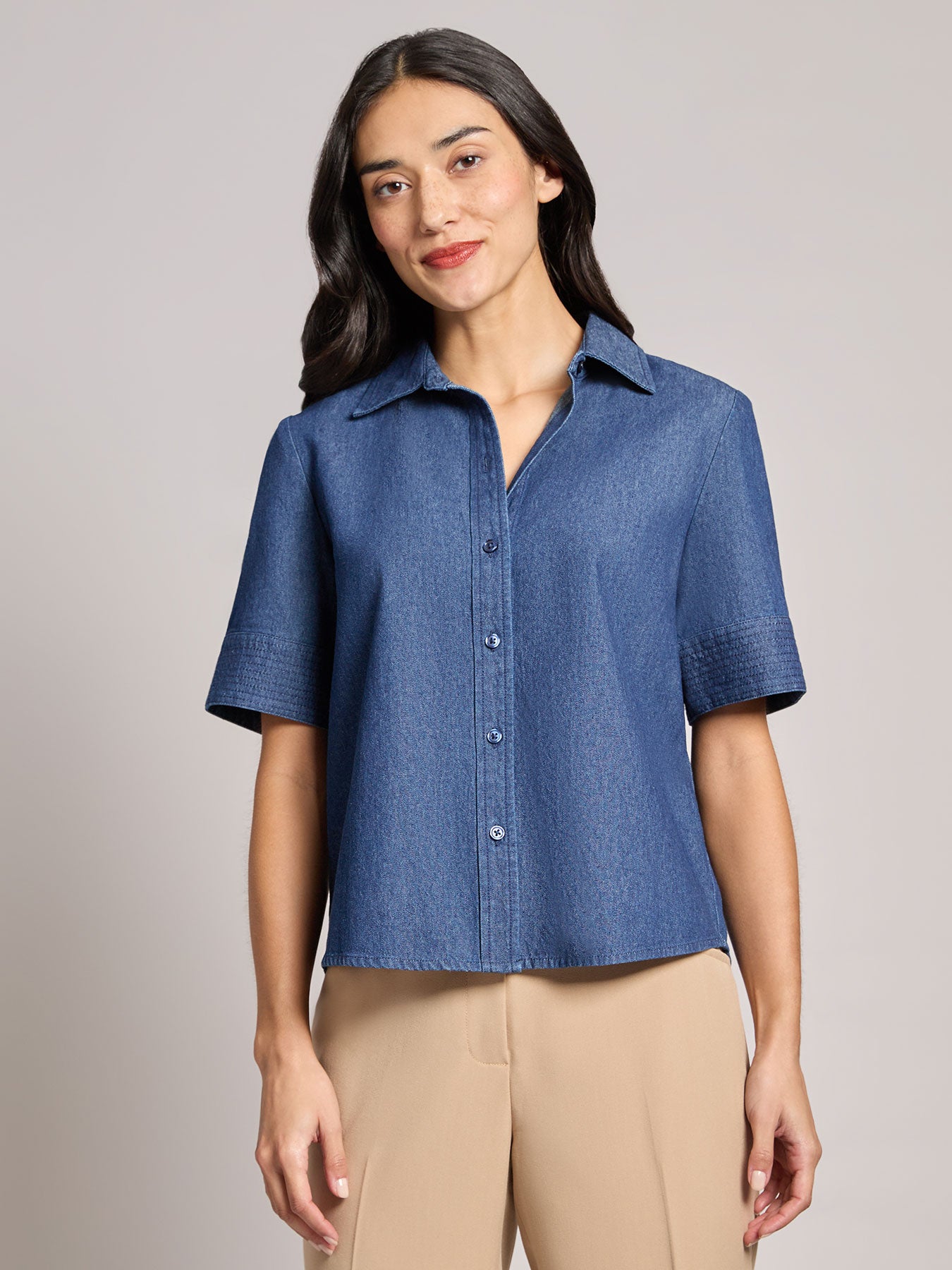 Short Sleeve Button Front Top, Chambray 1 Short Sleeve Button Front Top, Chambray