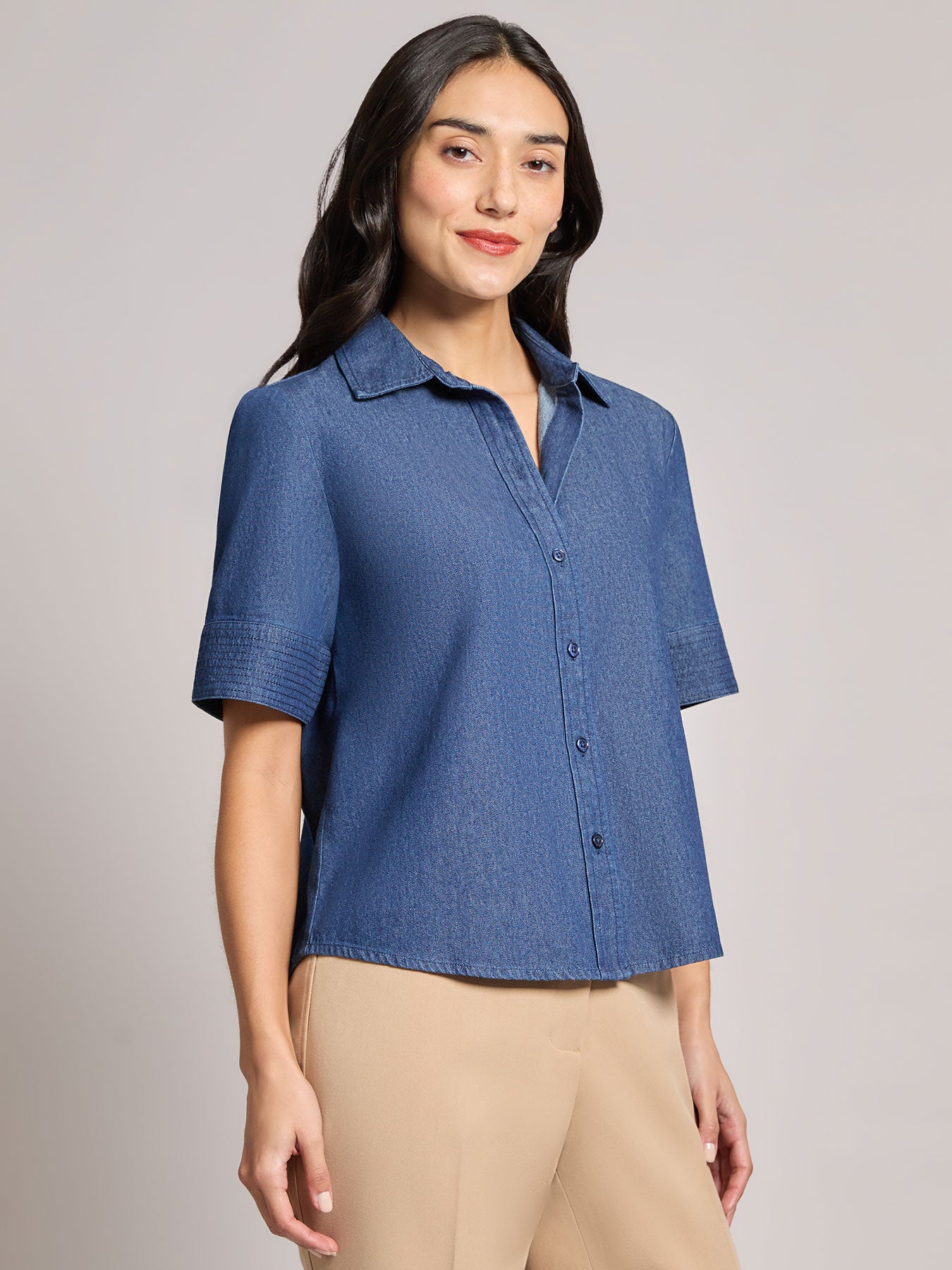 Short Sleeve Button Front Top, Chambray 2 Short Sleeve Button Front Top, Chambray