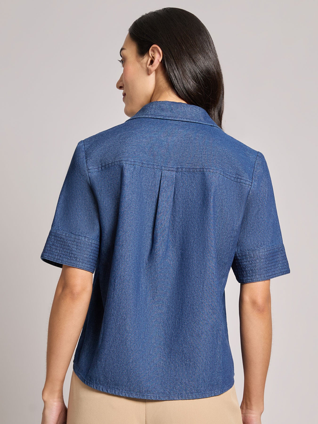 Short Sleeve Button Front Top, Chambray 3 Short Sleeve Button Front Top, Chambray