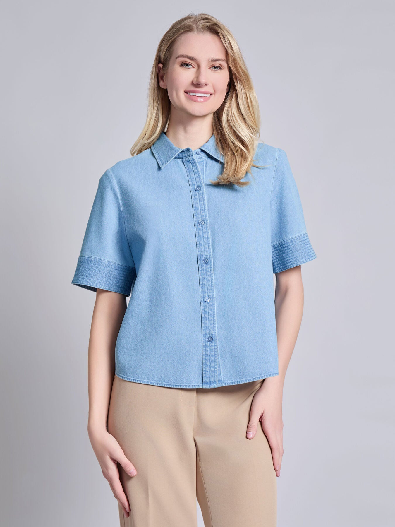 Petite Short Sleeve Button Front Top, Chambray 1 Pale Wash / XL