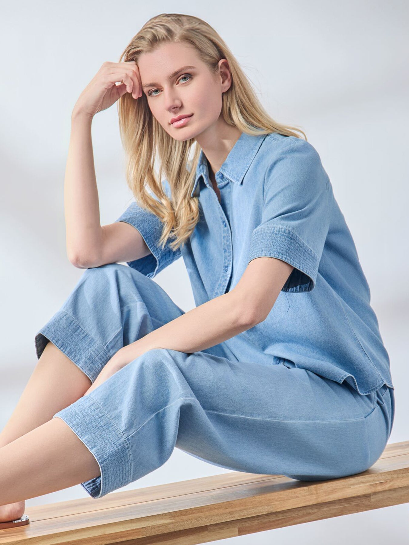 Petite Short Sleeve Button Front Top, Chambray 5 Petite Short Sleeve Button Front Top, Chambray