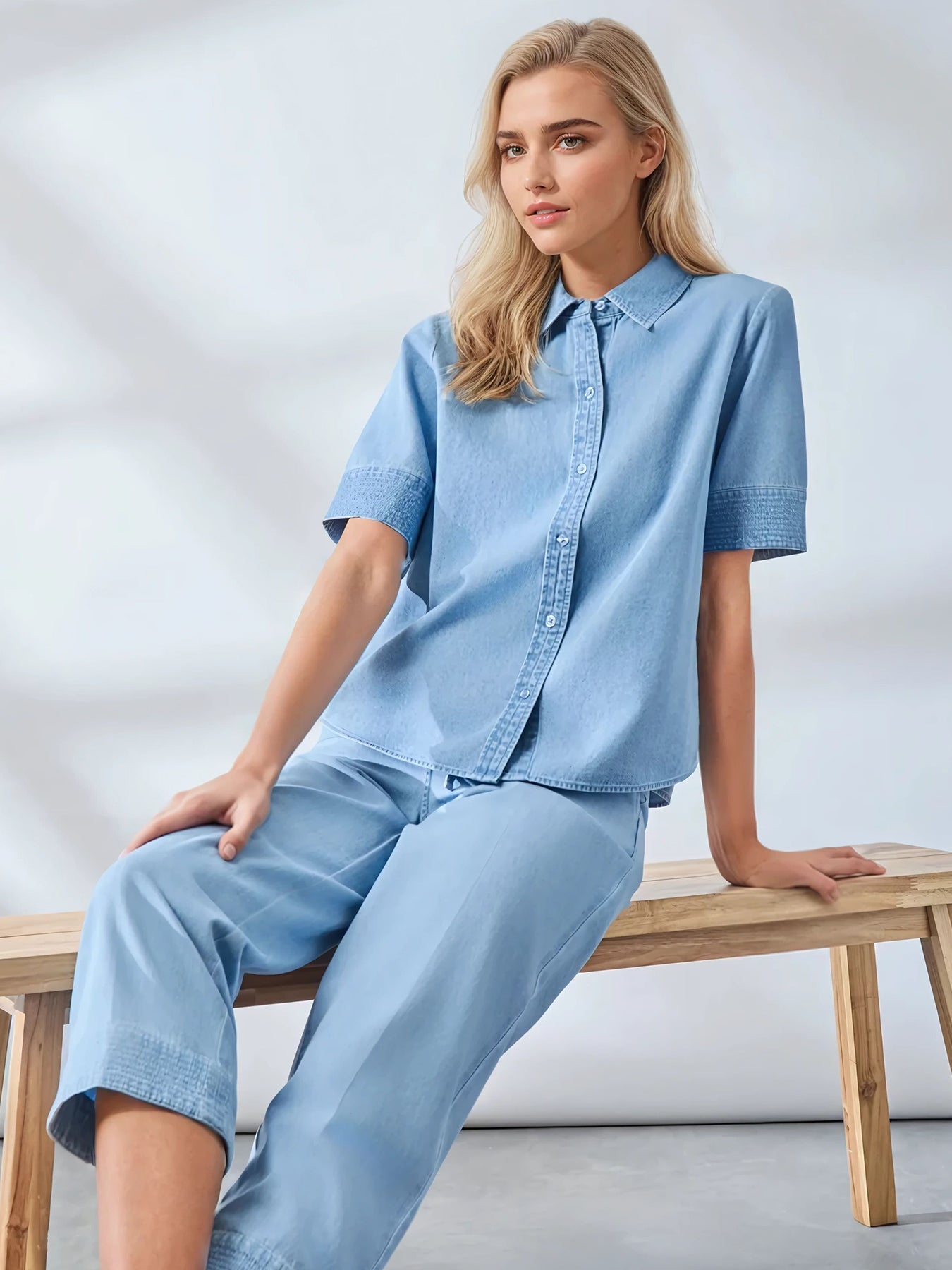 Petite Short Sleeve Button Front Top, Chambray 6 Petite Short Sleeve Button Front Top, Chambray
