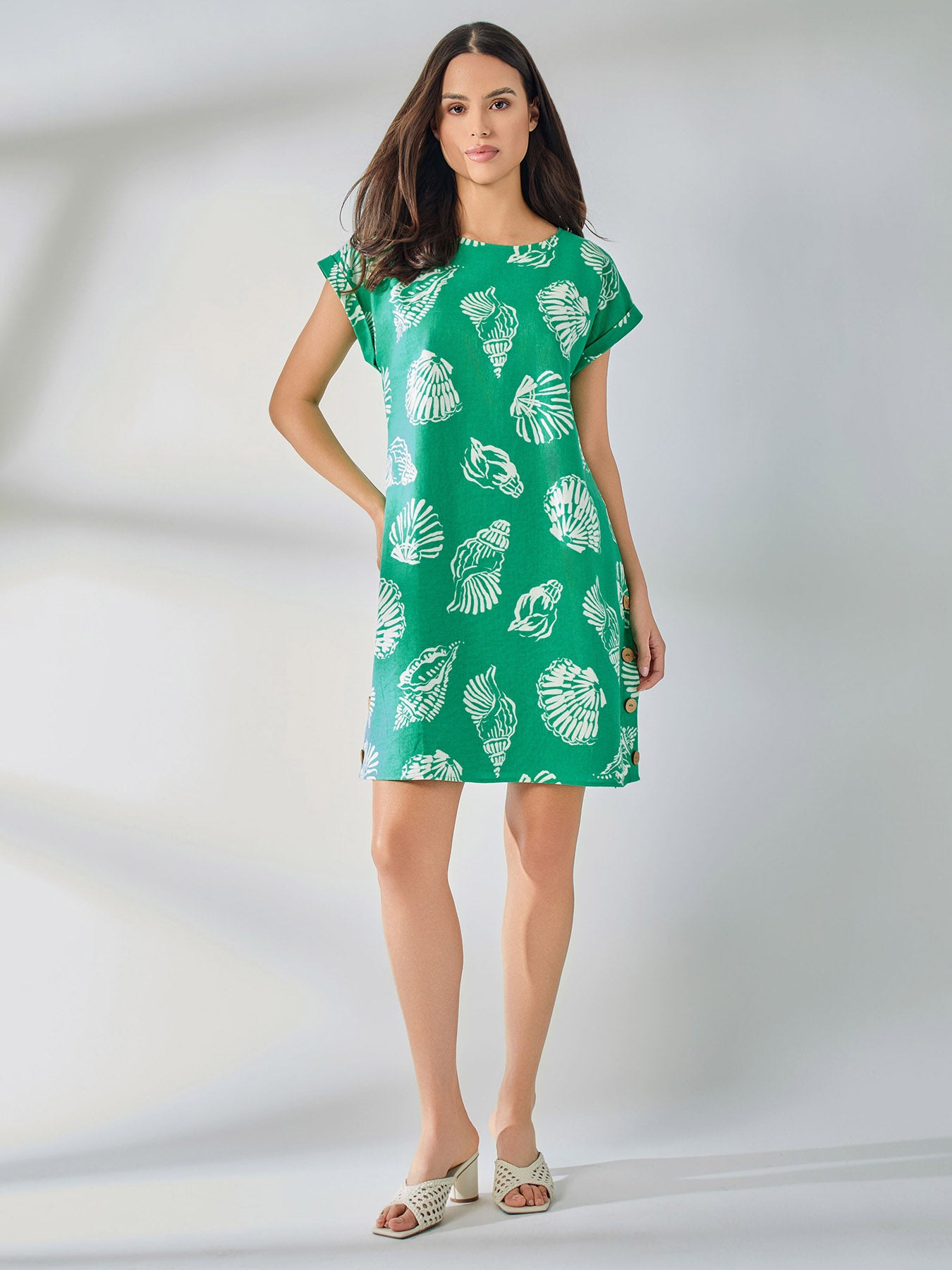 Short Sleeve Side Button Swing Dress, Linen Blend