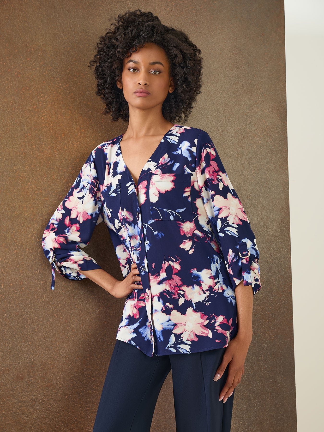 Floral Button-Front Collarless Tunic, Crepe De Chine 1 Floral Button-Front Collarless Tunic, Crepe De Chine