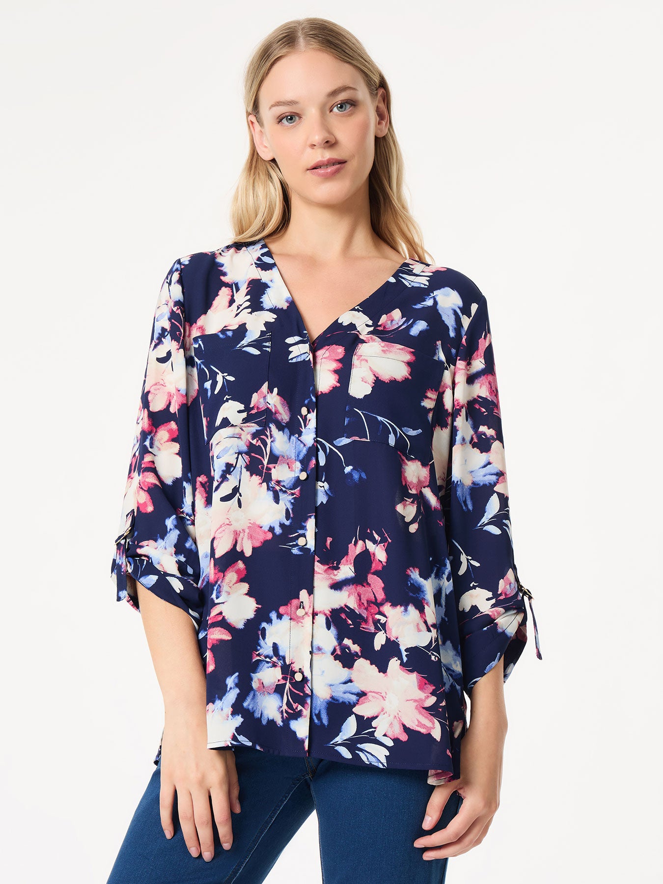 Floral Button-Front Collarless Tunic, Crepe De Chine 2 Floral Button-Front Collarless Tunic, Crepe De Chine