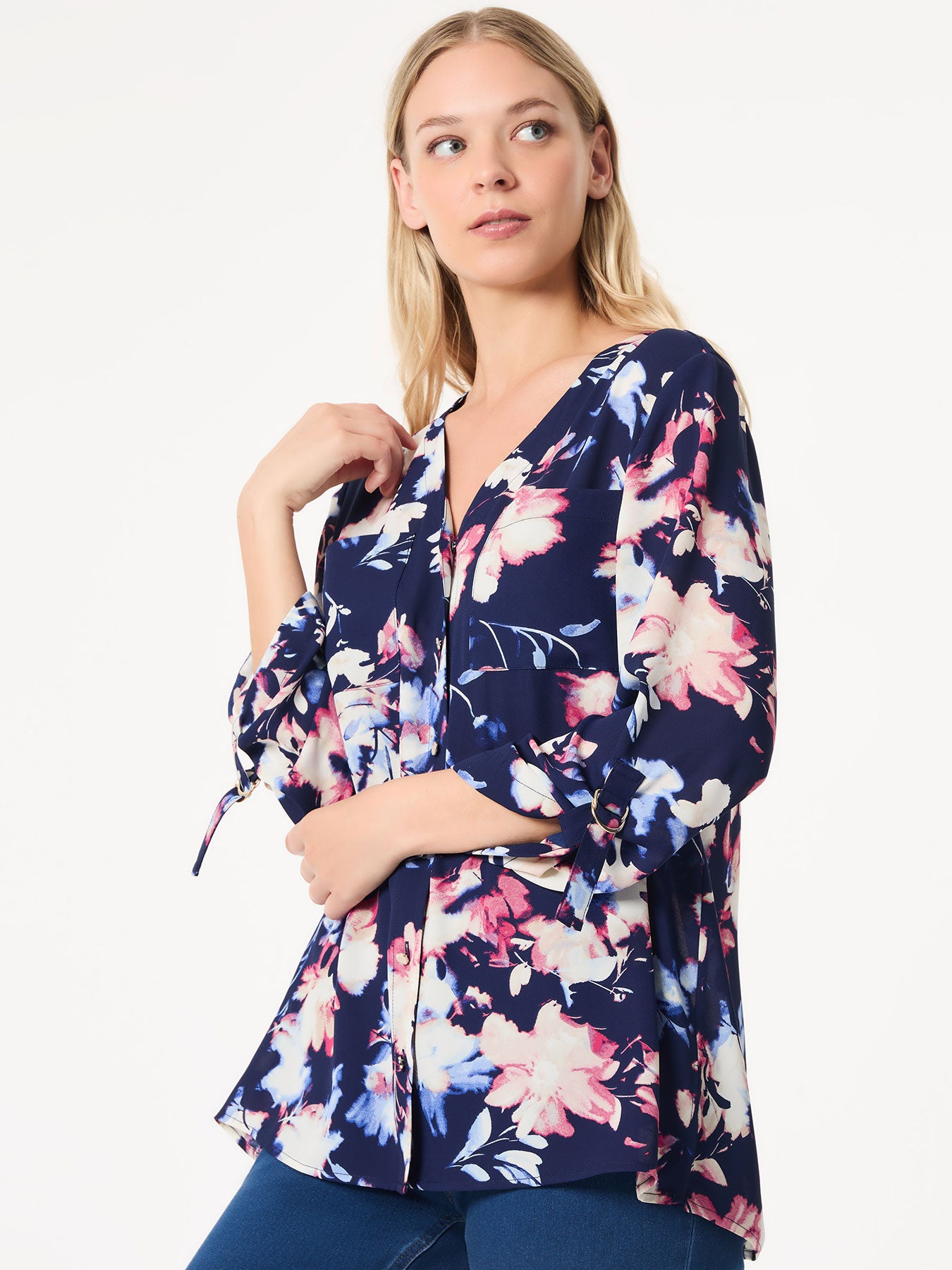 Floral Button-Front Collarless Tunic, Crepe De Chine 3 Floral Button-Front Collarless Tunic, Crepe De Chine