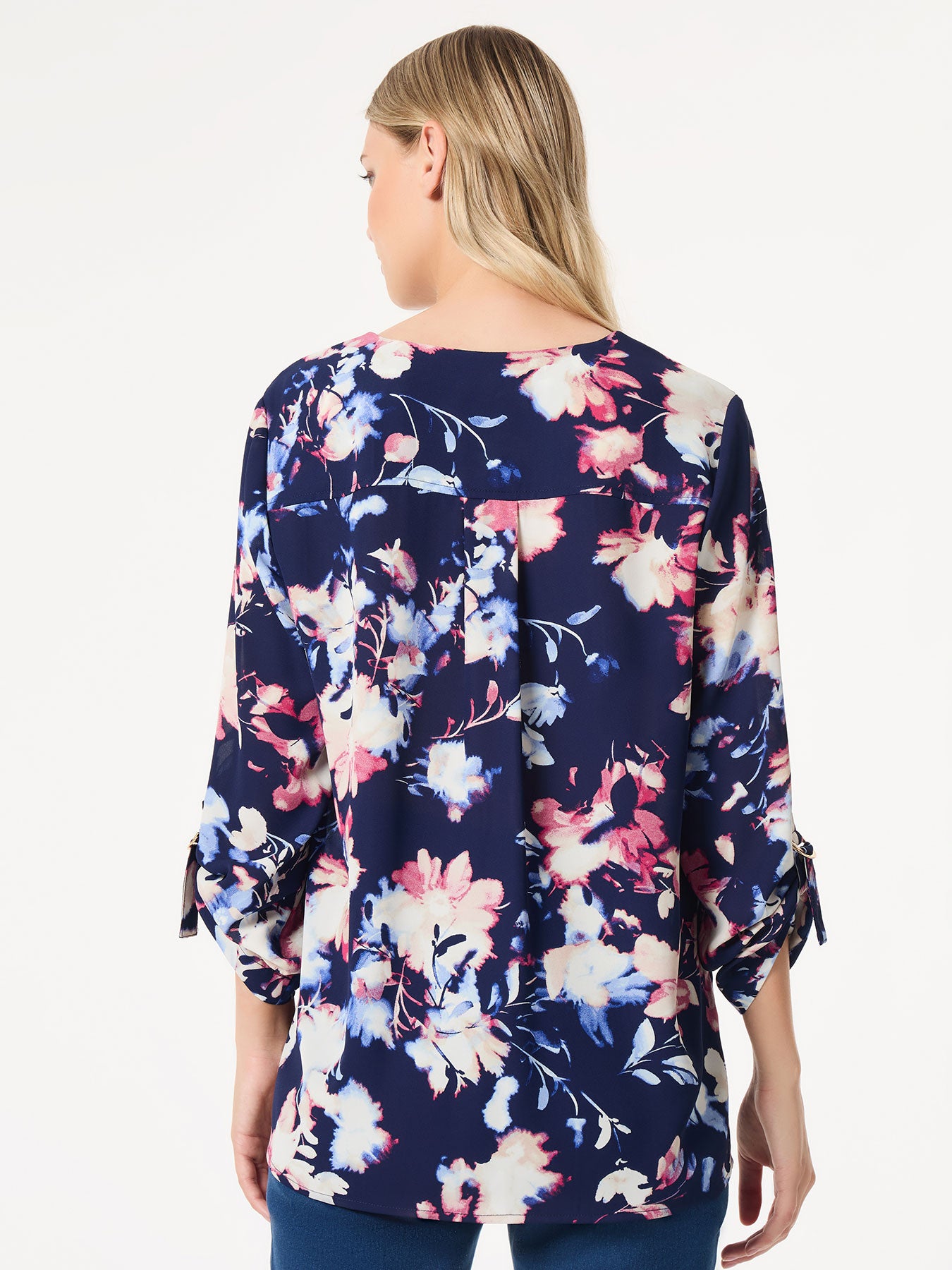 Floral Button-Front Collarless Tunic, Crepe De Chine 4 Floral Button-Front Collarless Tunic, Crepe De Chine