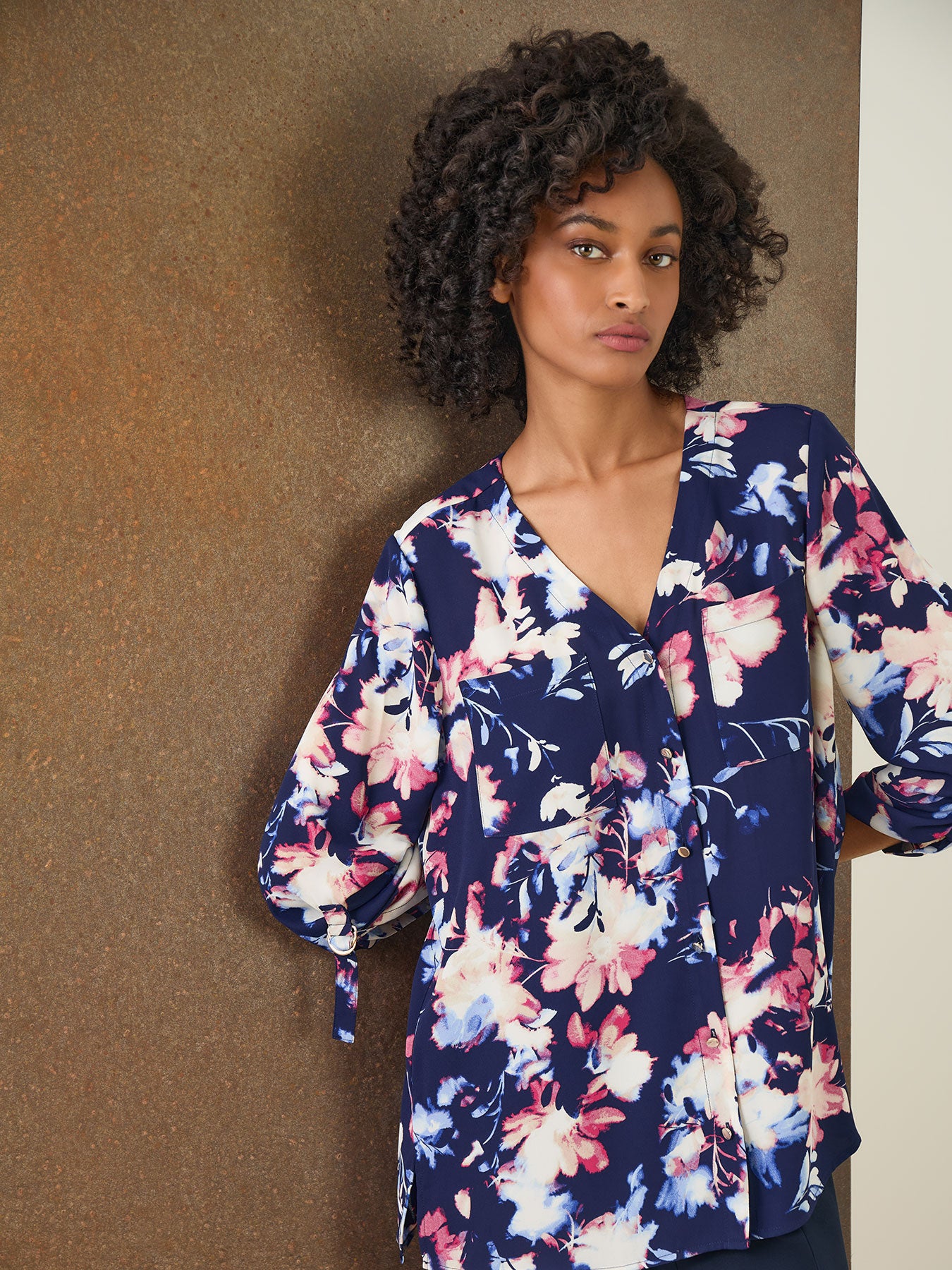 Floral Button-Front Collarless Tunic, Crepe De Chine 5 Floral Button-Front Collarless Tunic, Crepe De Chine