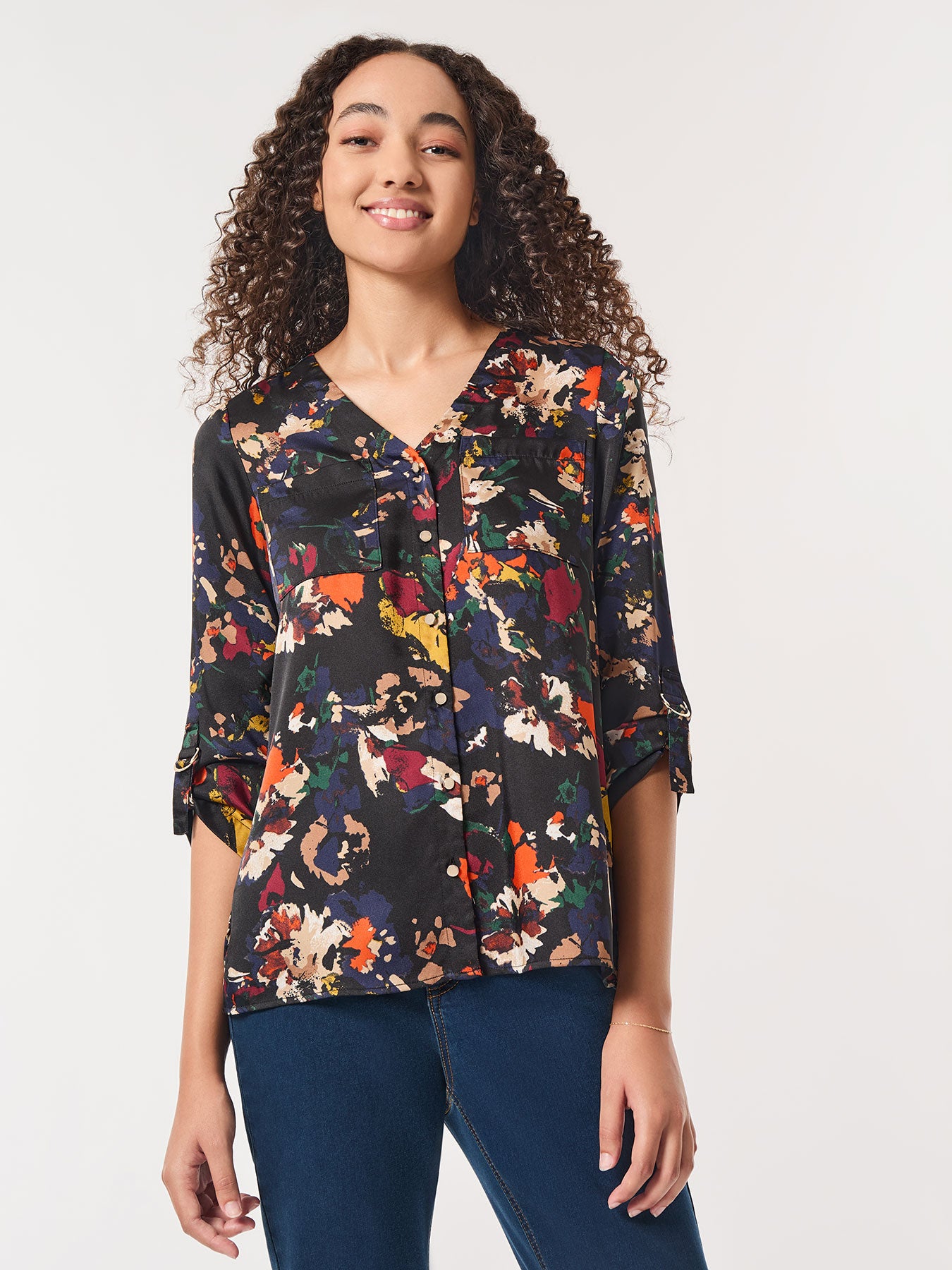 Printed Button-Front Collarless Tunic, Satin Twill 1 Printed Button-Front Collarless Tunic, Satin Twill