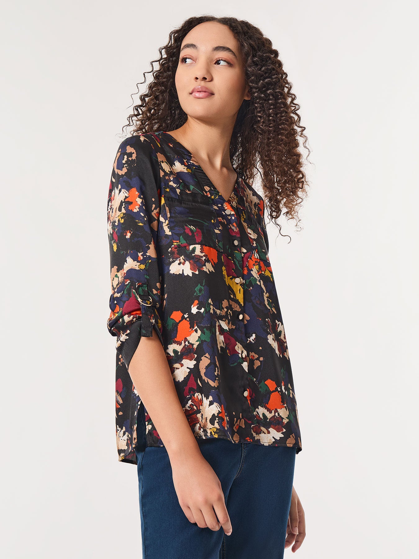 Printed Button-Front Collarless Tunic, Satin Twill 2 Printed Button-Front Collarless Tunic, Satin Twill