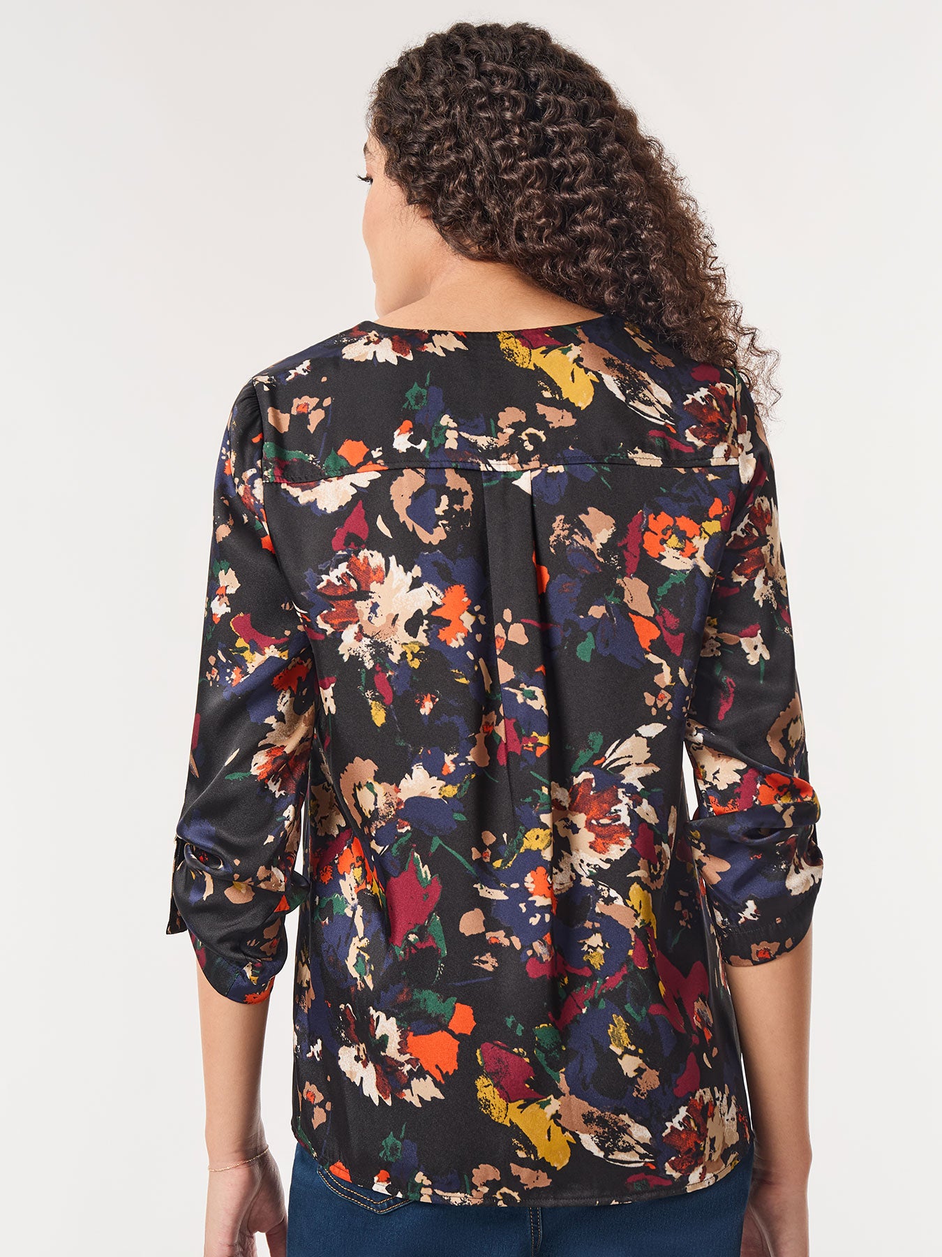 Printed Button-Front Collarless Tunic, Satin Twill 3 Printed Button-Front Collarless Tunic, Satin Twill