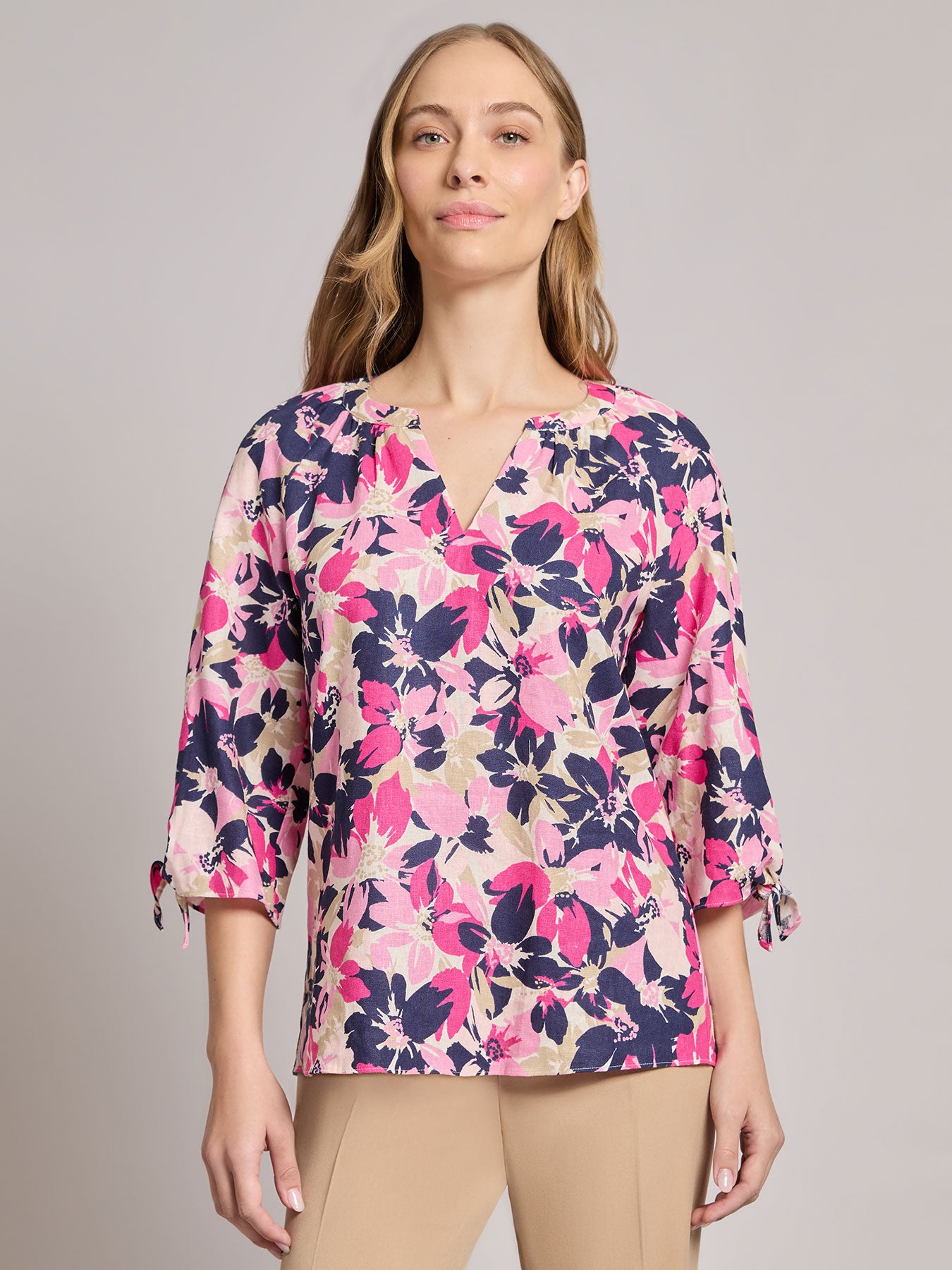 Plus V-Neck Print Tie-Sleeve Blouse, Linen Blend