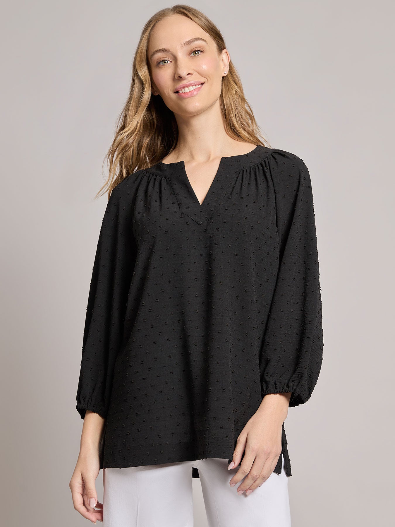 Petite Print V-Neck Pleated Kelly Blouse, Jacquard
