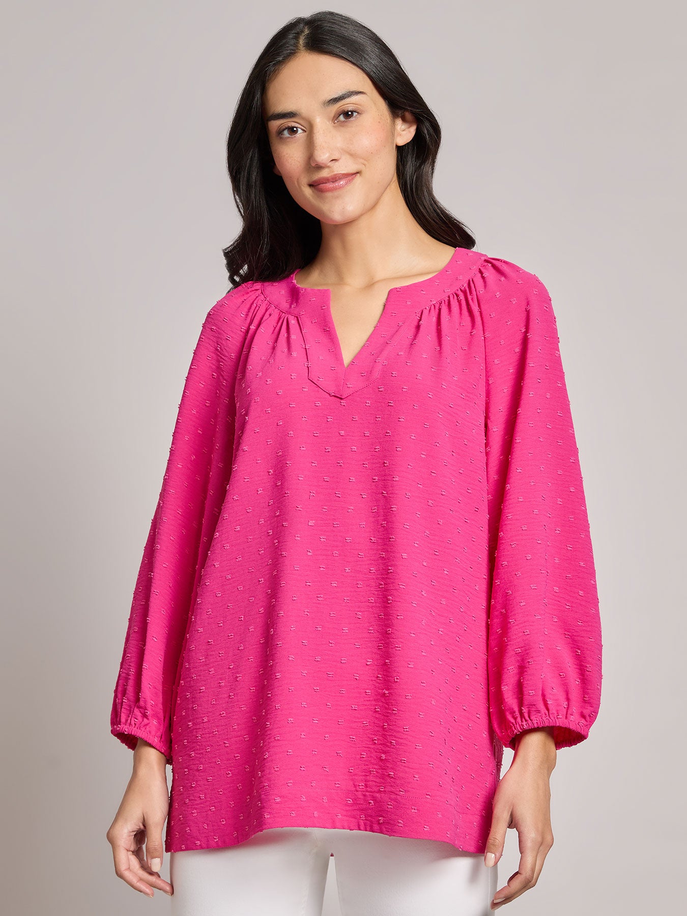 Print V-Neck Pleated Kelly Blouse, Jacquard
