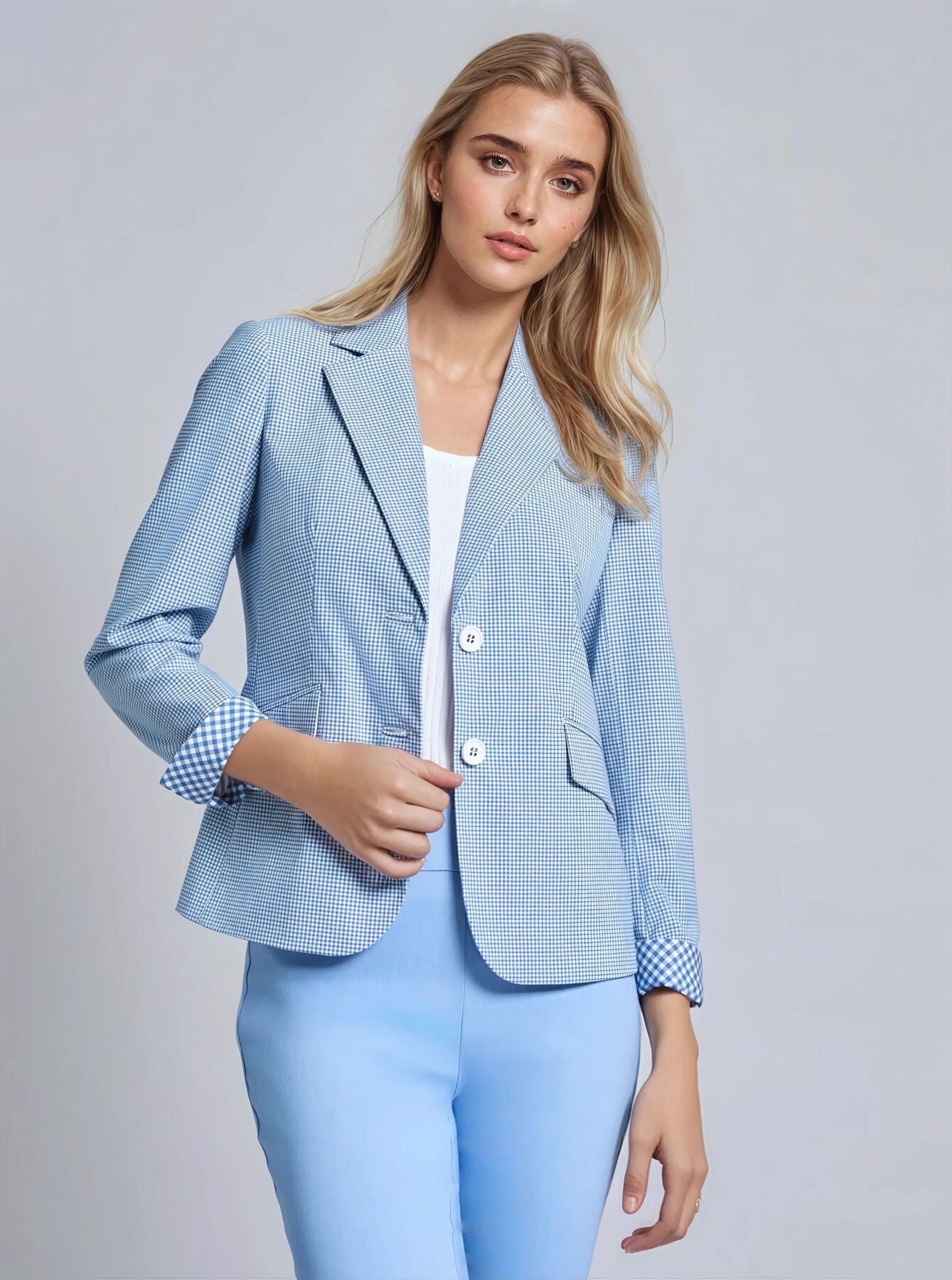 Two Button Notch Collar Blazer, Blue Gingham