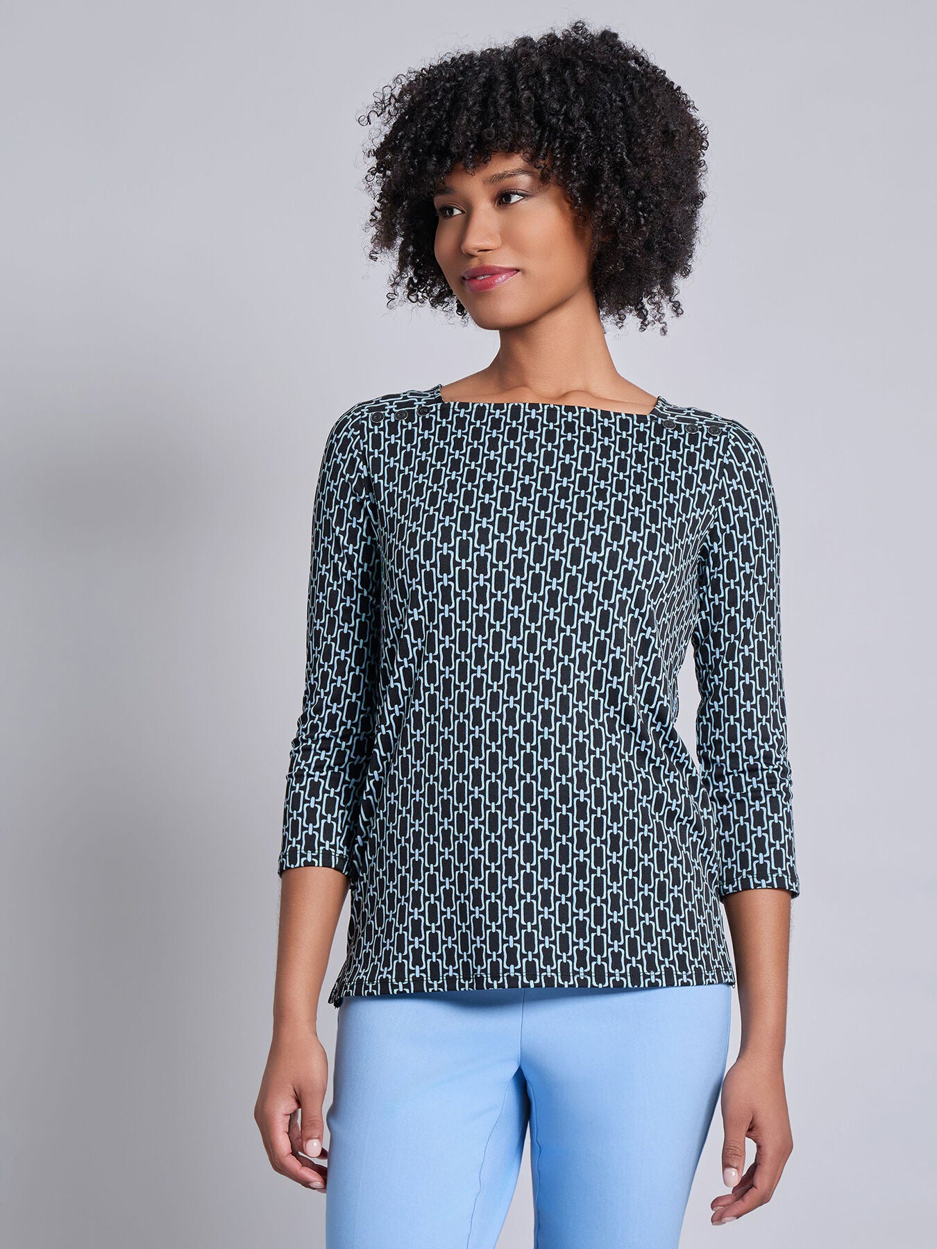 3/4 Sleeve Square Neck Blouse, Printed Moss Crepe