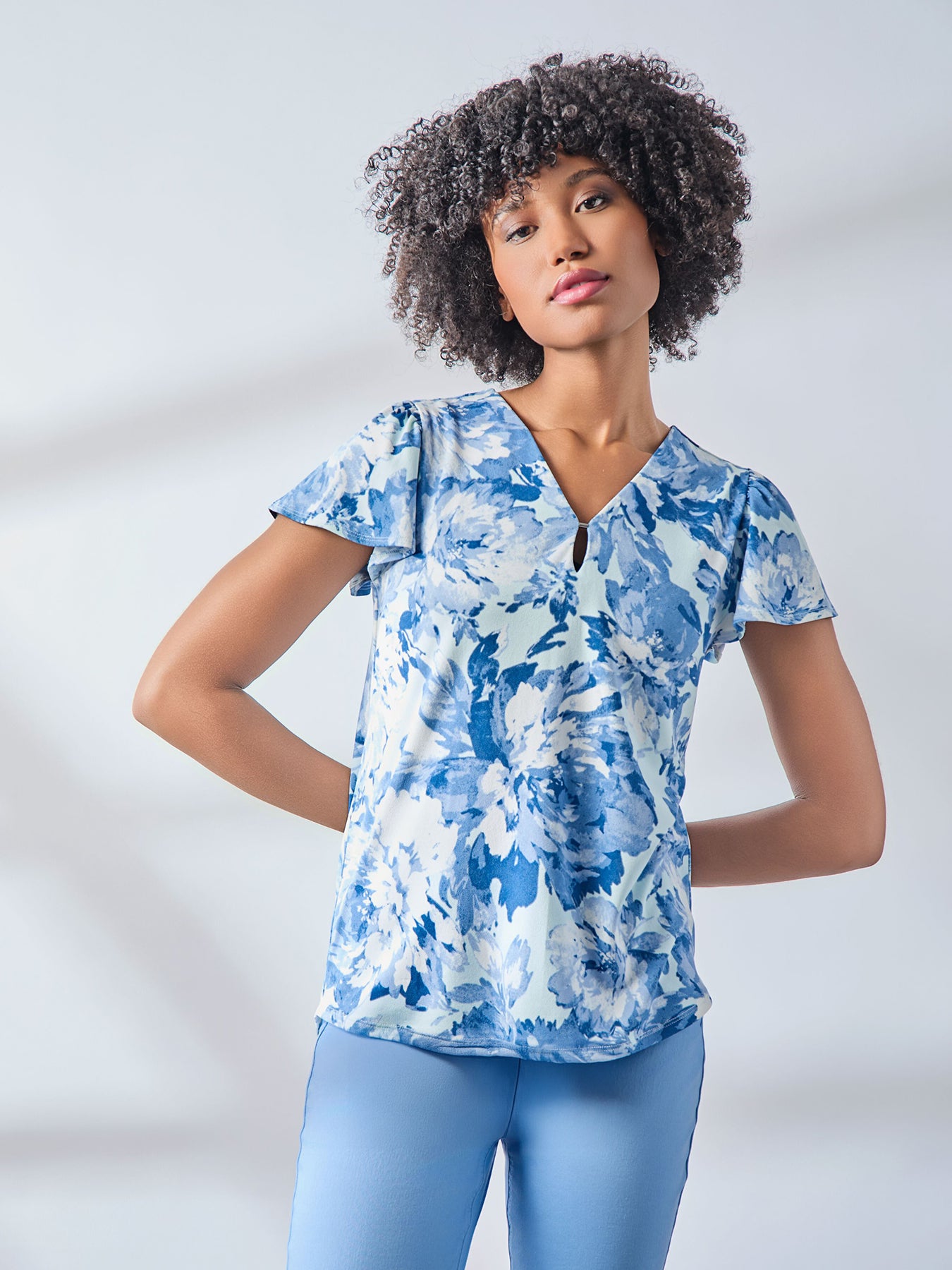 Plus Flutter Sleeve V-Neck Top, Moss Crepe 1 Plus Flutter Sleeve V-Neck Top, Moss Crepe