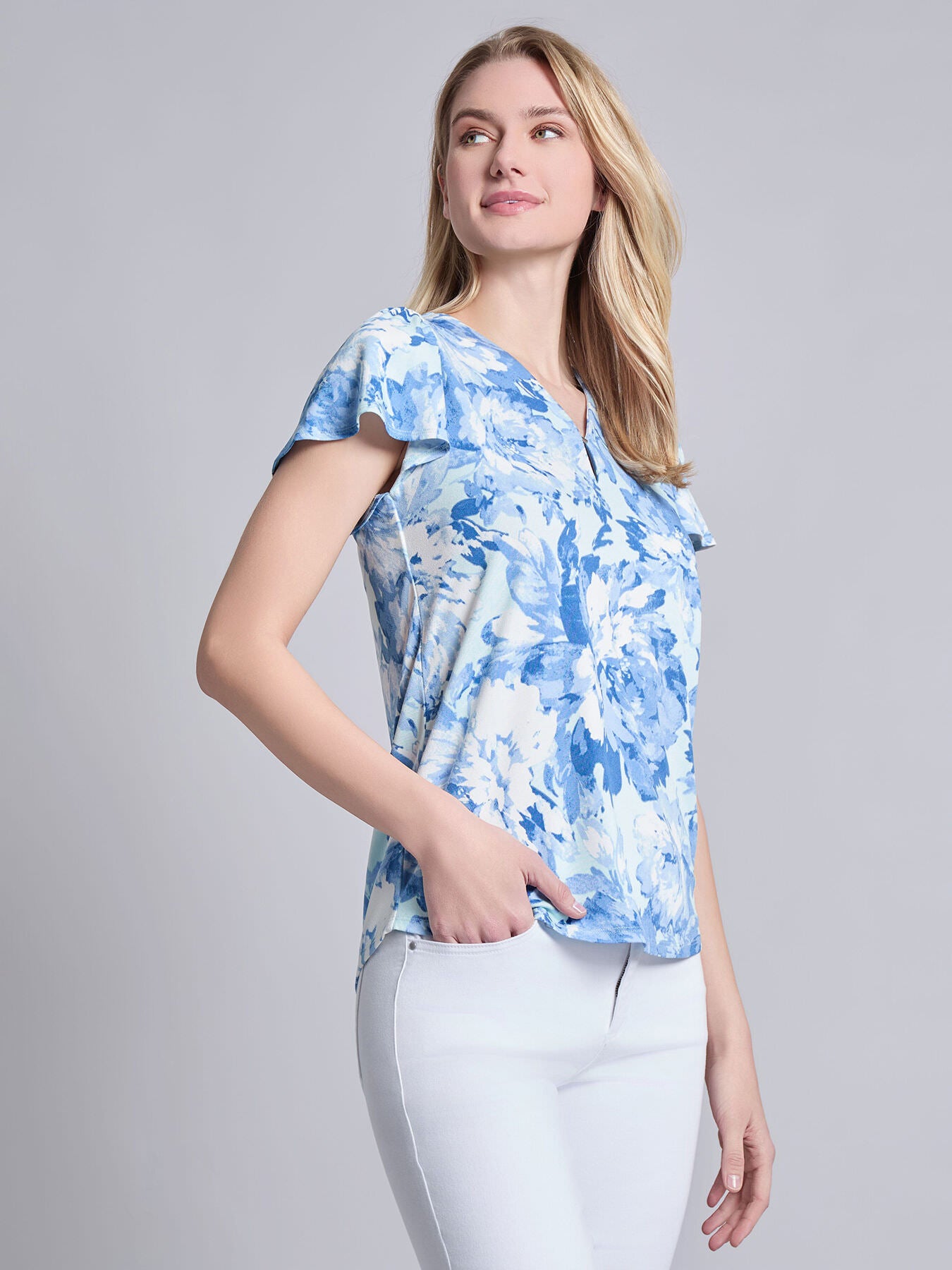 Plus Flutter Sleeve V-Neck Top, Moss Crepe 3 Plus Flutter Sleeve V-Neck Top, Moss Crepe
