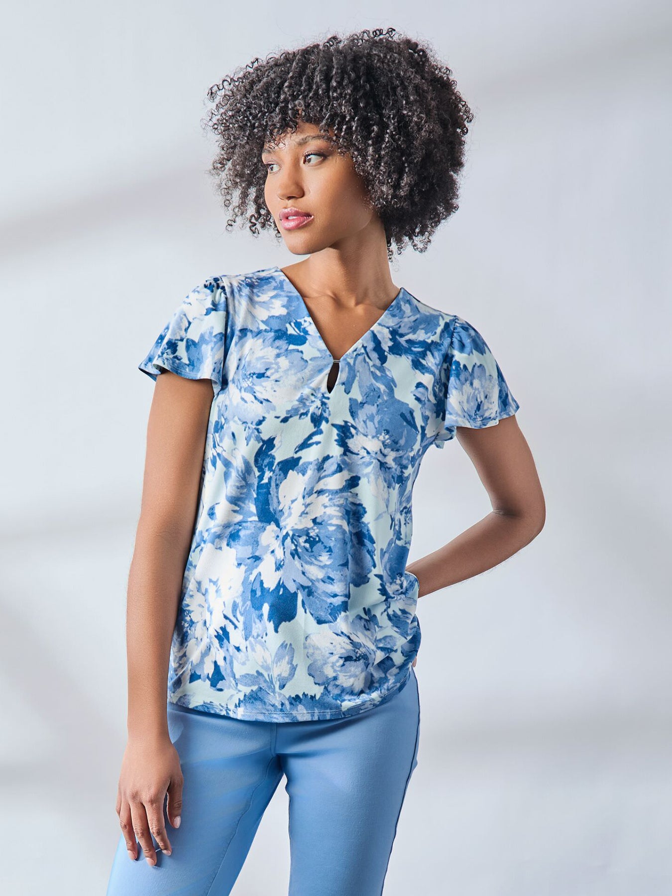 Plus Flutter Sleeve V-Neck Top, Moss Crepe 5 Plus Flutter Sleeve V-Neck Top, Moss Crepe