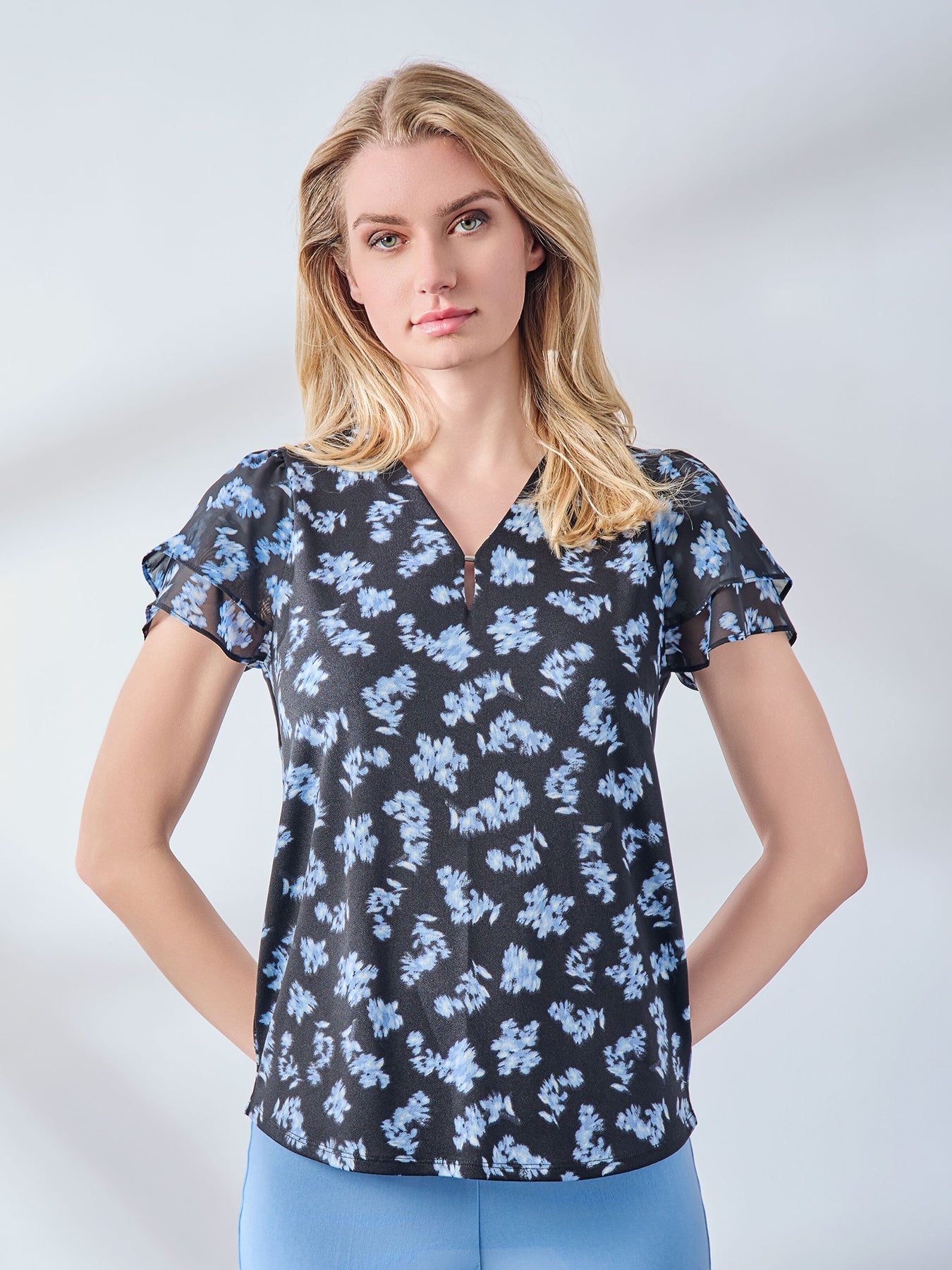 Double Flutter Sleeve V-Neck Top, Moss Crepe