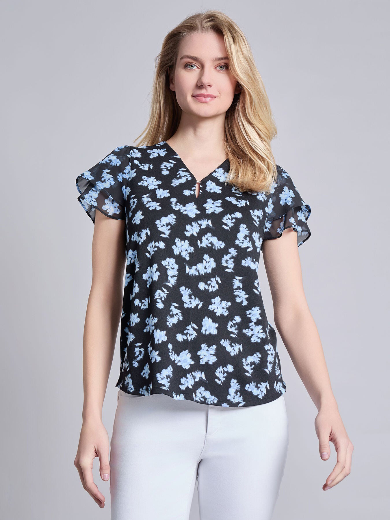 Double Flutter Sleeve V-Neck Top, Moss Crepe 2 Double Flutter Sleeve V-Neck Top, Moss Crepe