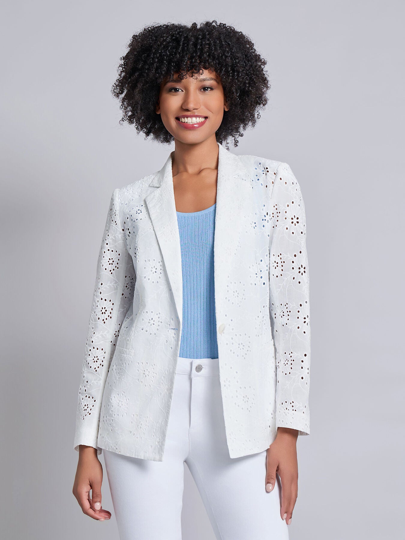 One Button Notch Collar Blazer, Floral Eyelet 1 One Button Notch Collar Blazer, Floral Eyelet