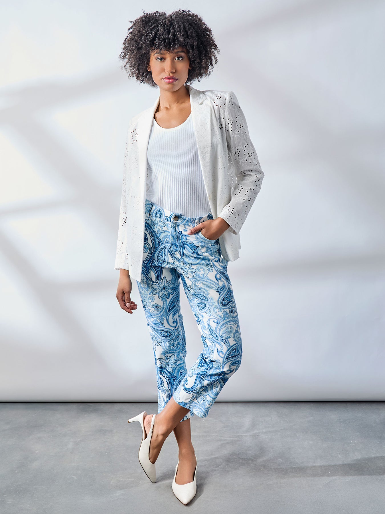 One Button Notch Collar Blazer, Floral Eyelet 2 One Button Notch Collar Blazer, Floral Eyelet