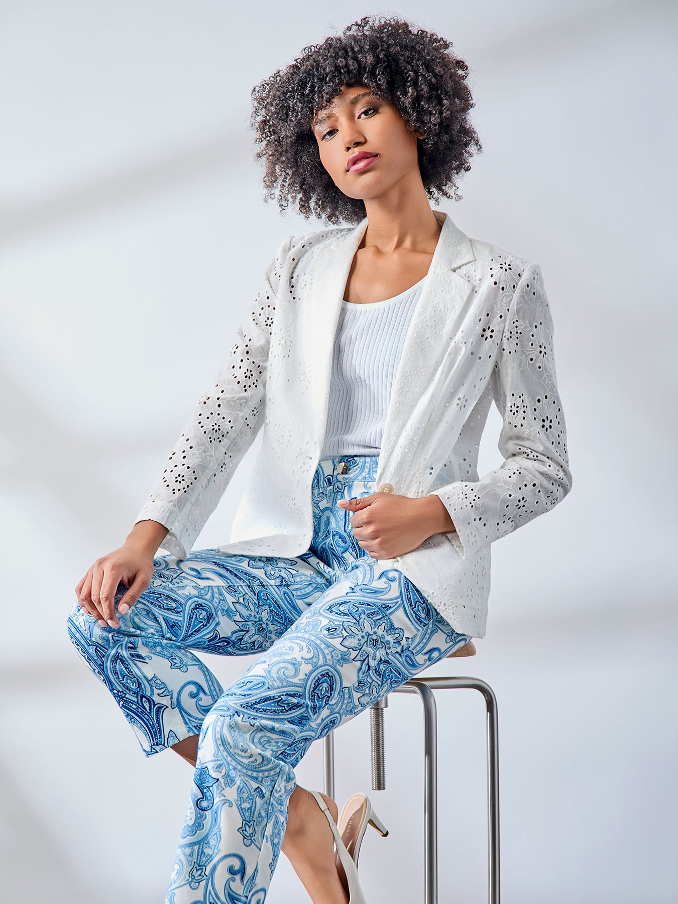 One Button Notch Collar Blazer, Floral Eyelet 4 One Button Notch Collar Blazer, Floral Eyelet