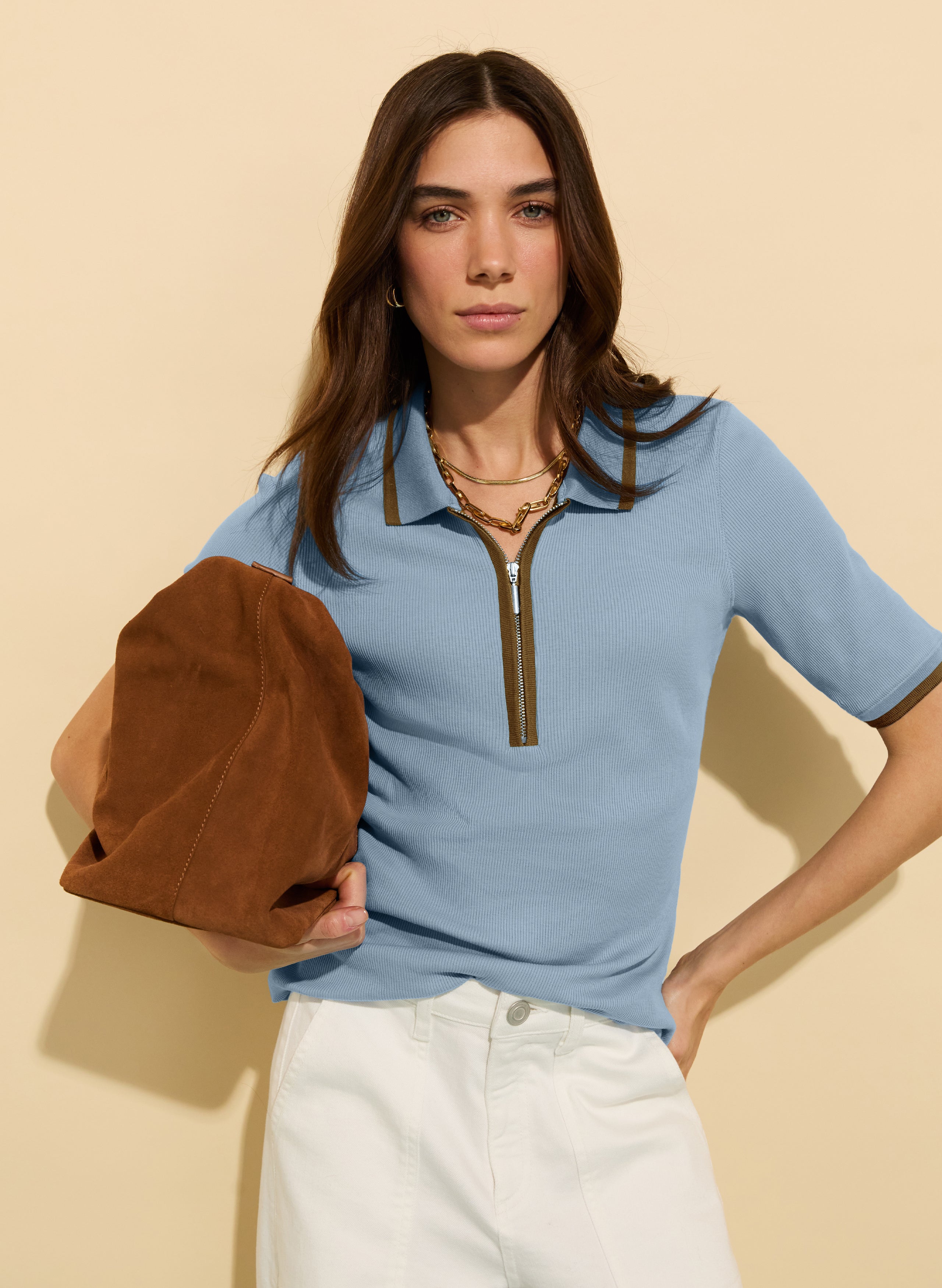 Naomi Organic Rib Zip Collar Top
