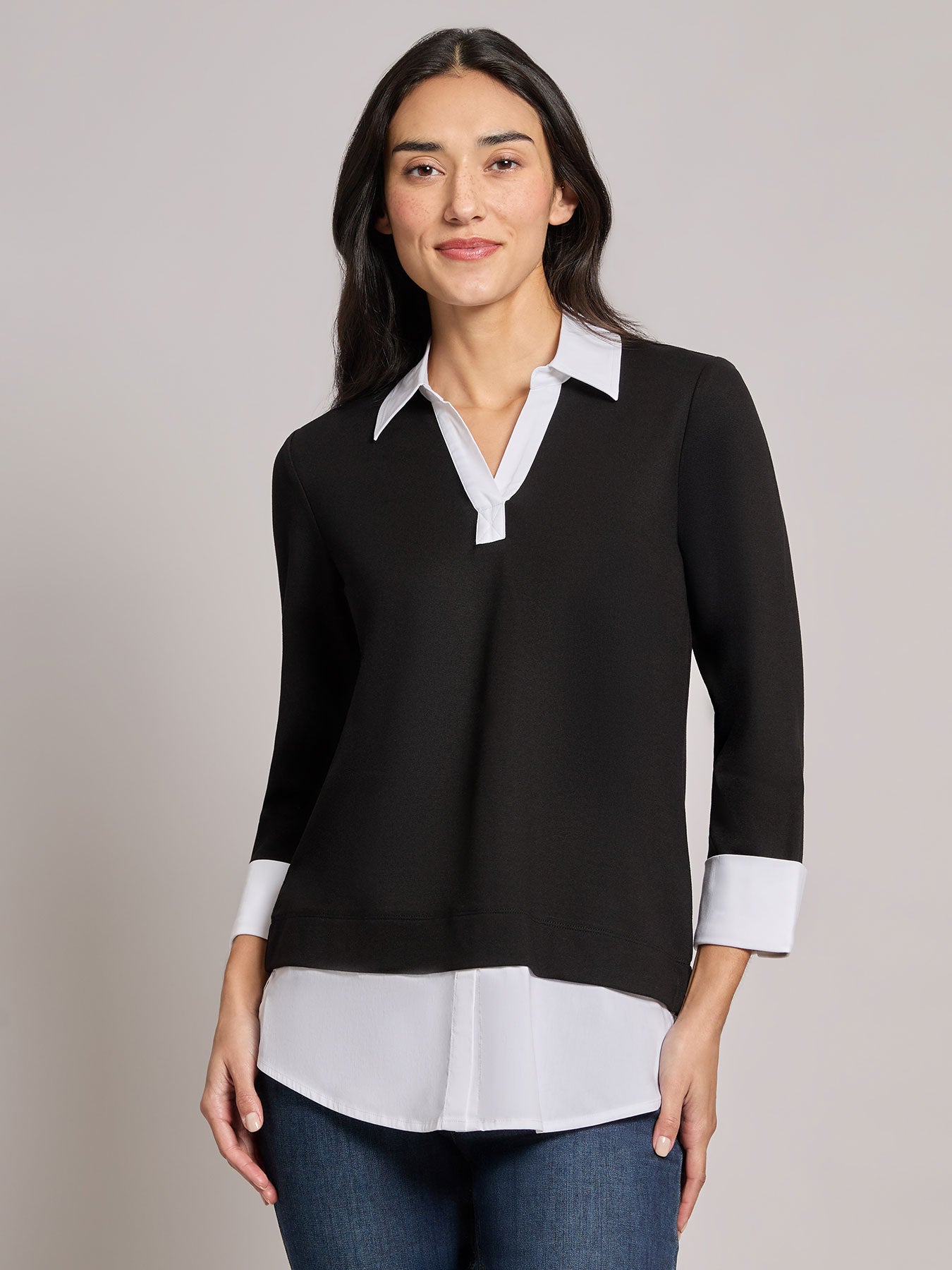 Collared Shirt V-Neck Two-Fer Top