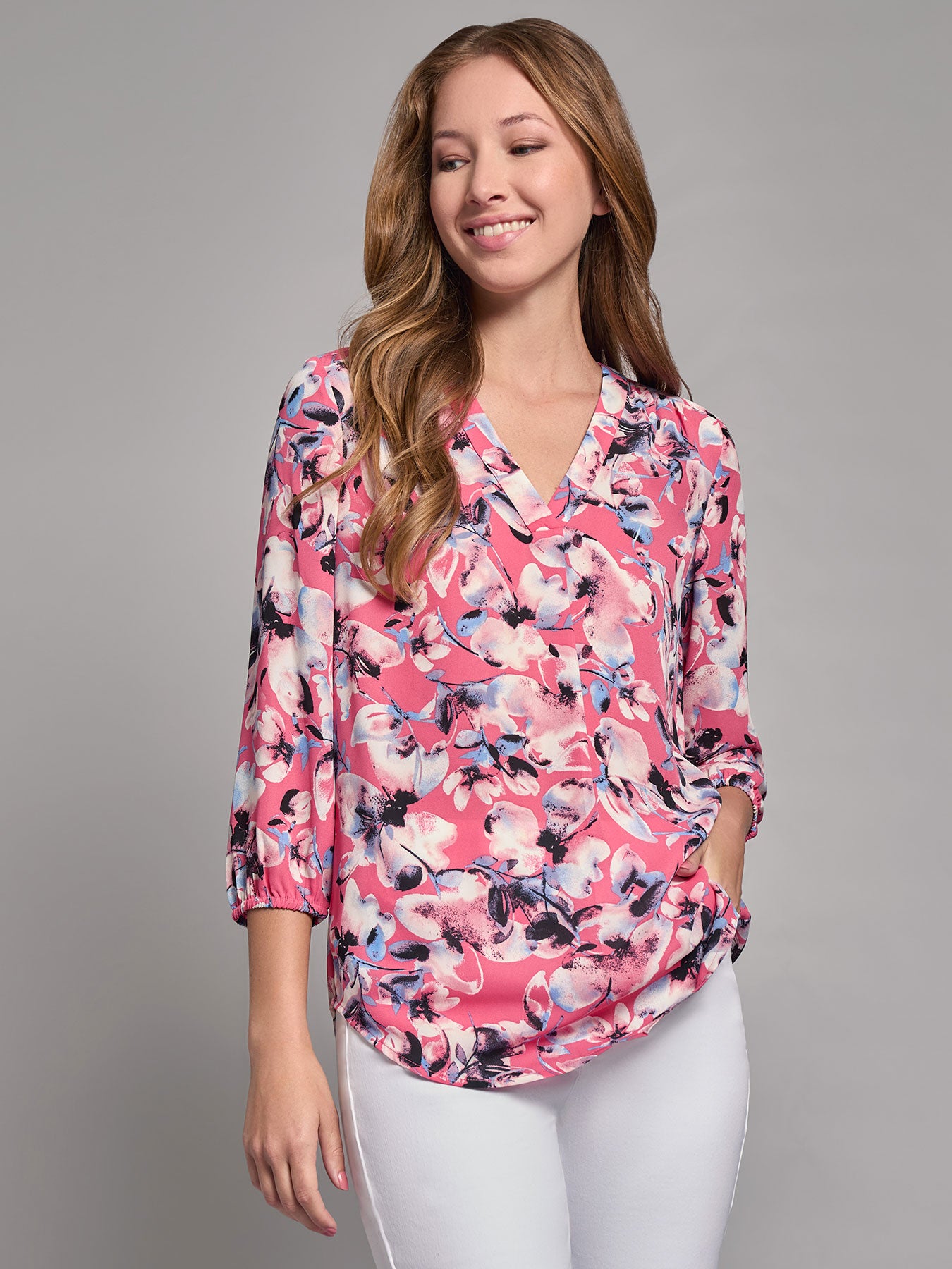 Print V-Neck Pleated Kelly Blouse 1 Print V-Neck Pleated Kelly Blouse