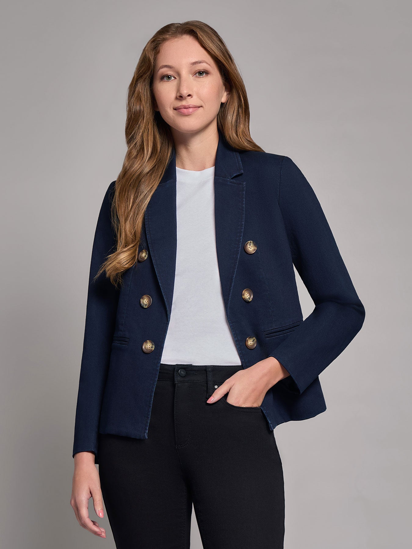 Petite Denim Faux Double-Breasted Jacket 2 Petite Denim Faux Double-Breasted Jacket