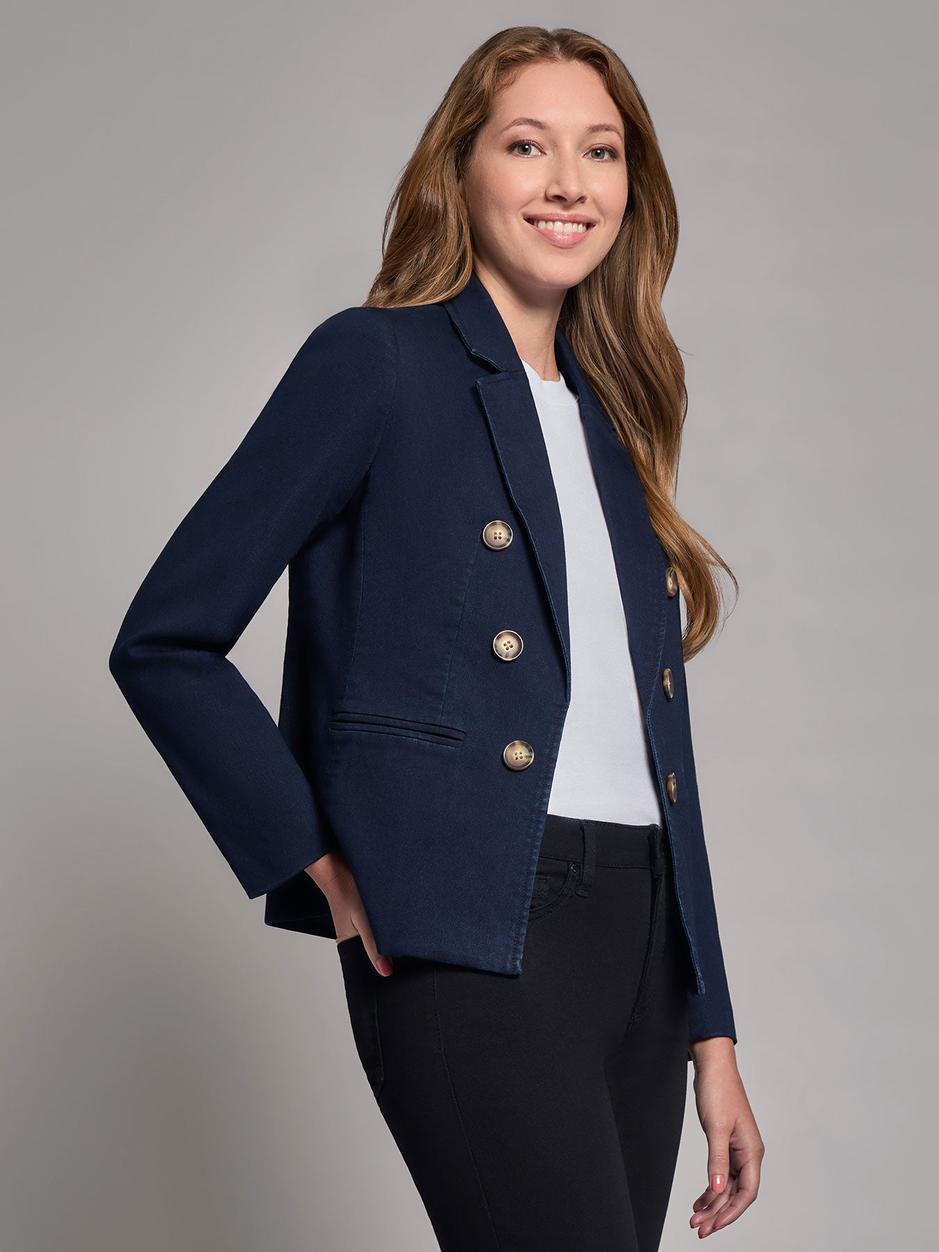 Petite Denim Faux Double-Breasted Jacket 3 Petite Denim Faux Double-Breasted Jacket