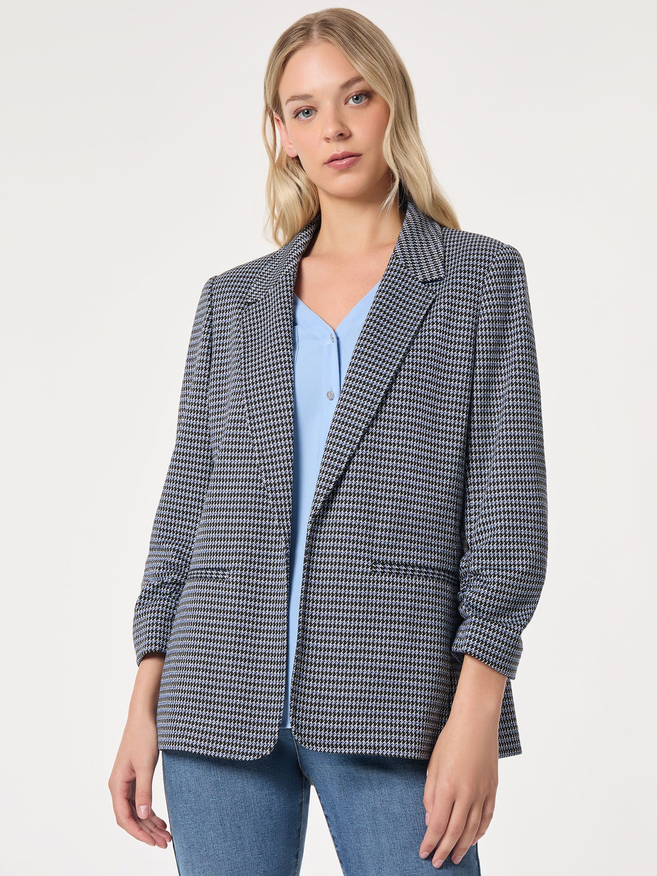 Petite Notch Collar Open Front Houndstooth Jacket