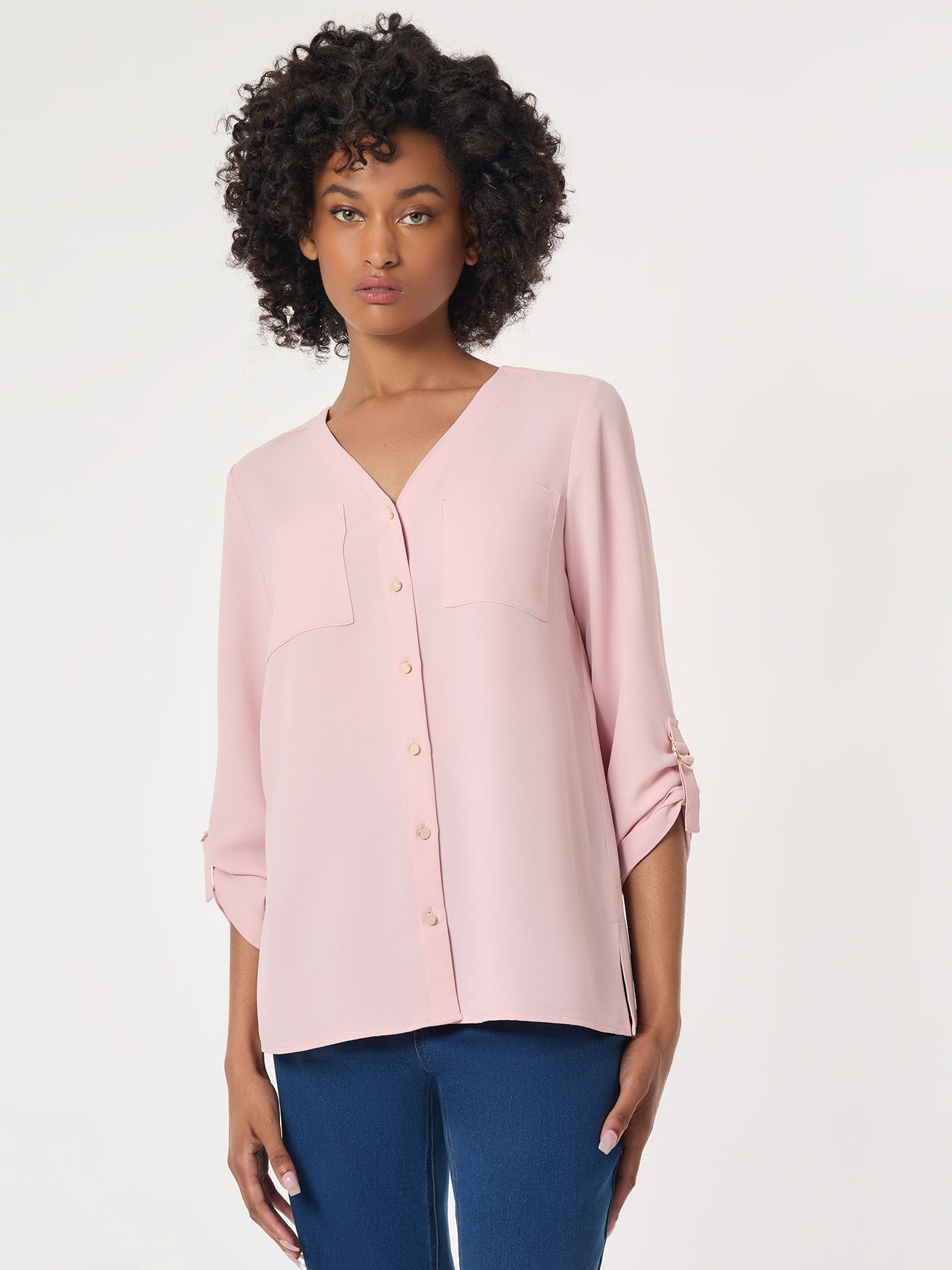 Button-Front Collarless Tunic, Crepe De Chine
