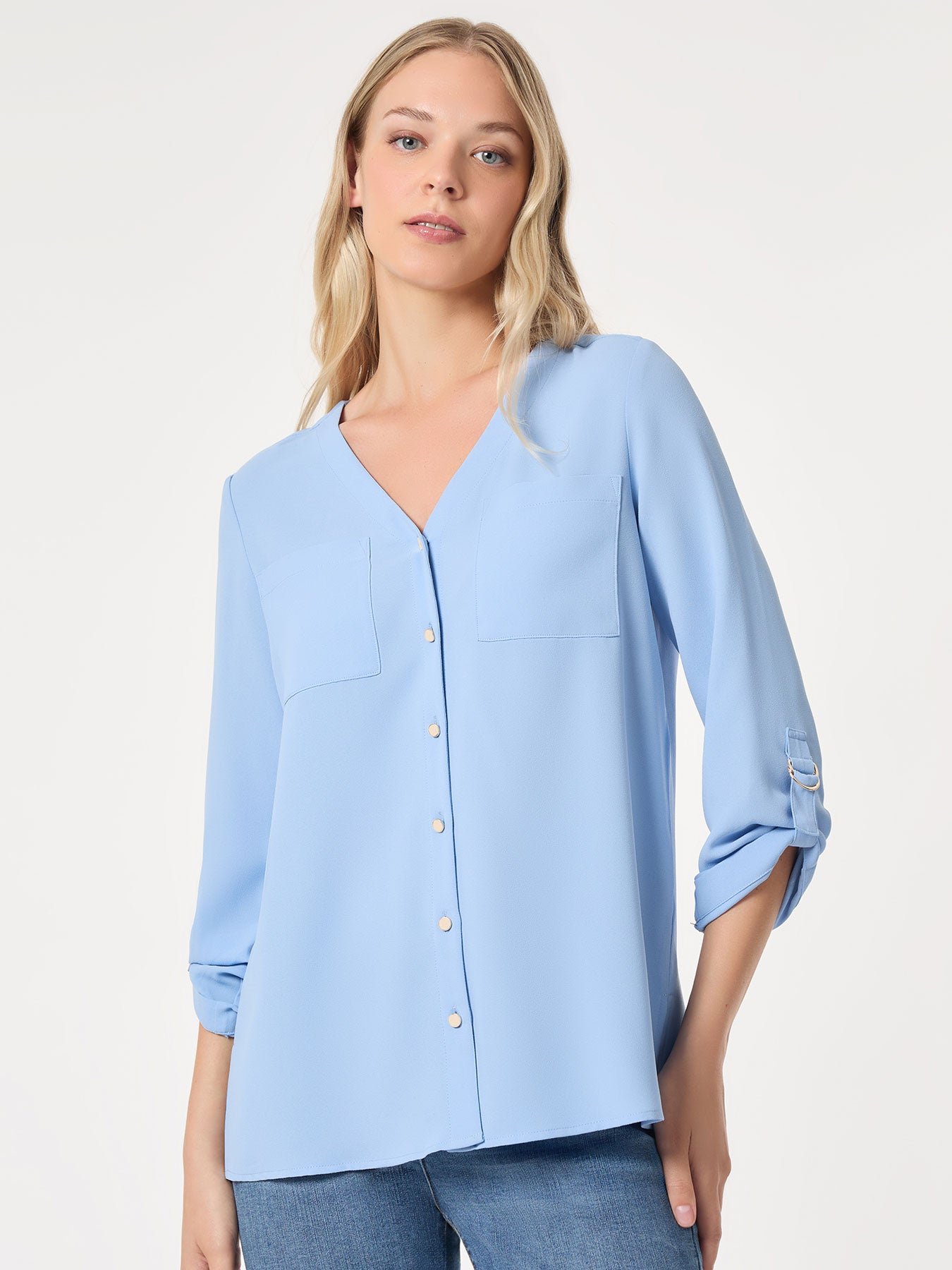 Button-Front Collarless Tunic, Crepe De Chine