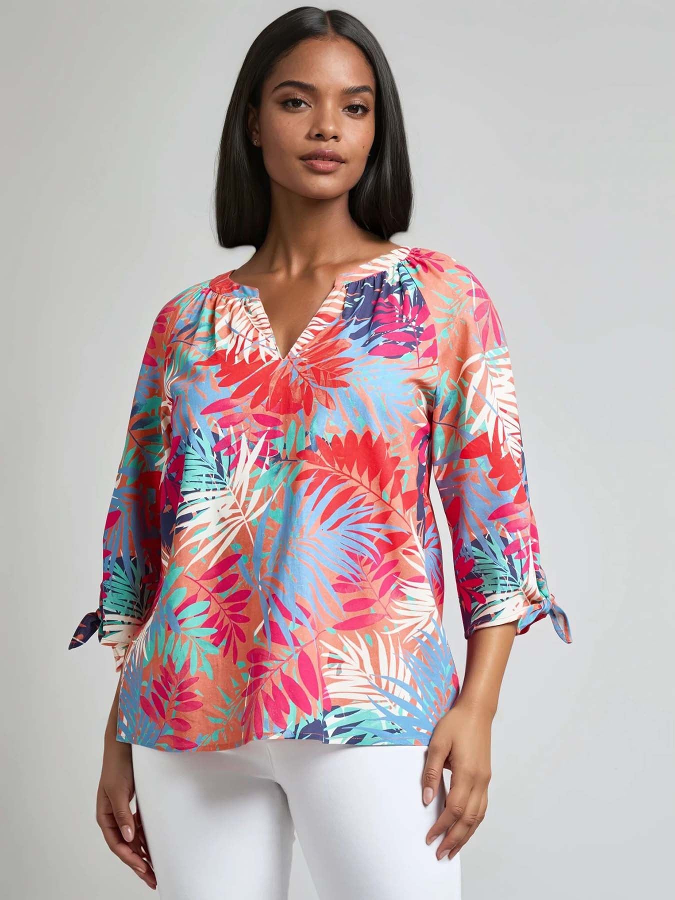 Plus Print V-Neck Tie-Sleeve Blouse, Linen Blend