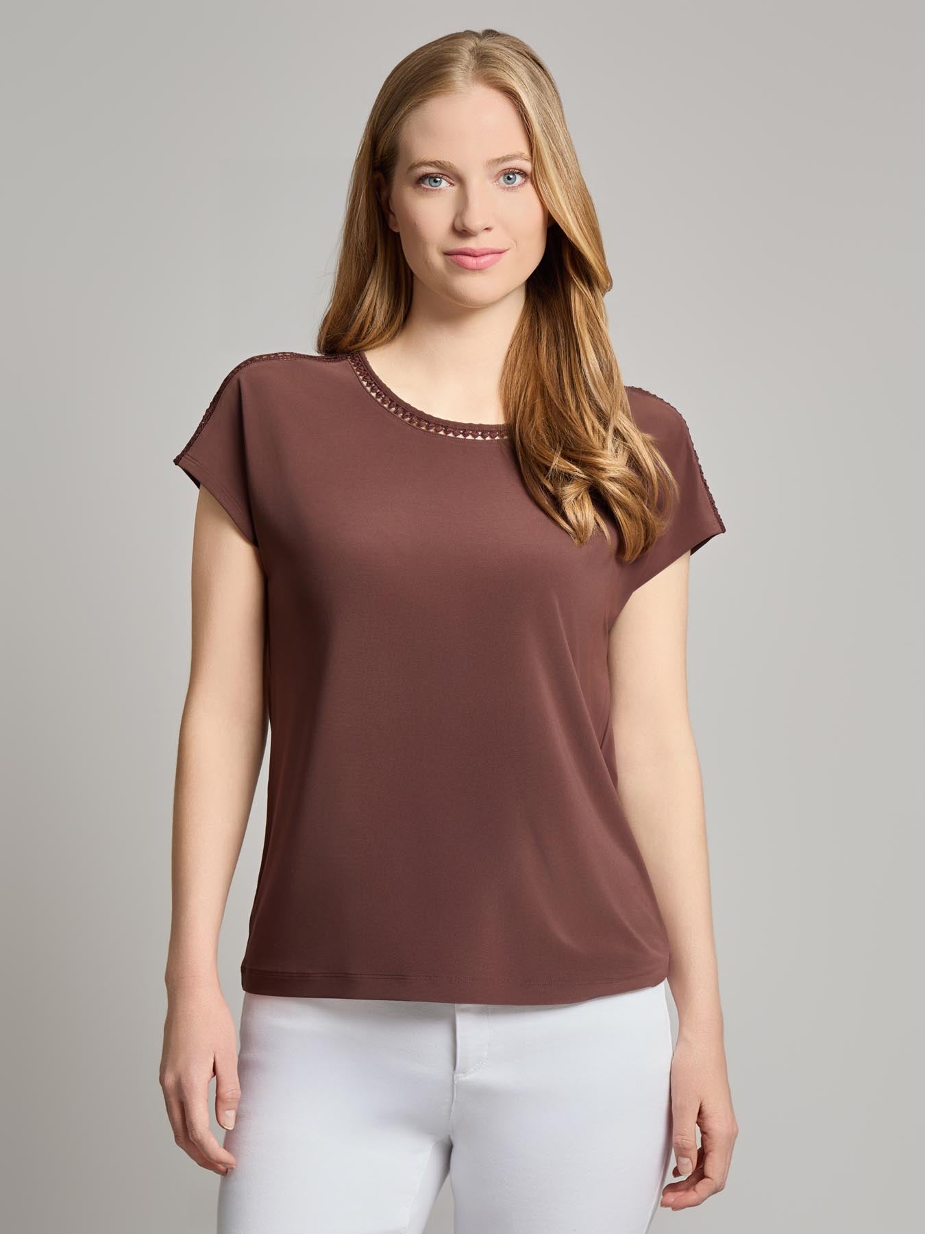 Extended Shoulder Trim Neck Top, Knit Jersey 1 Extended Shoulder Trim Neck Top, Knit Jersey