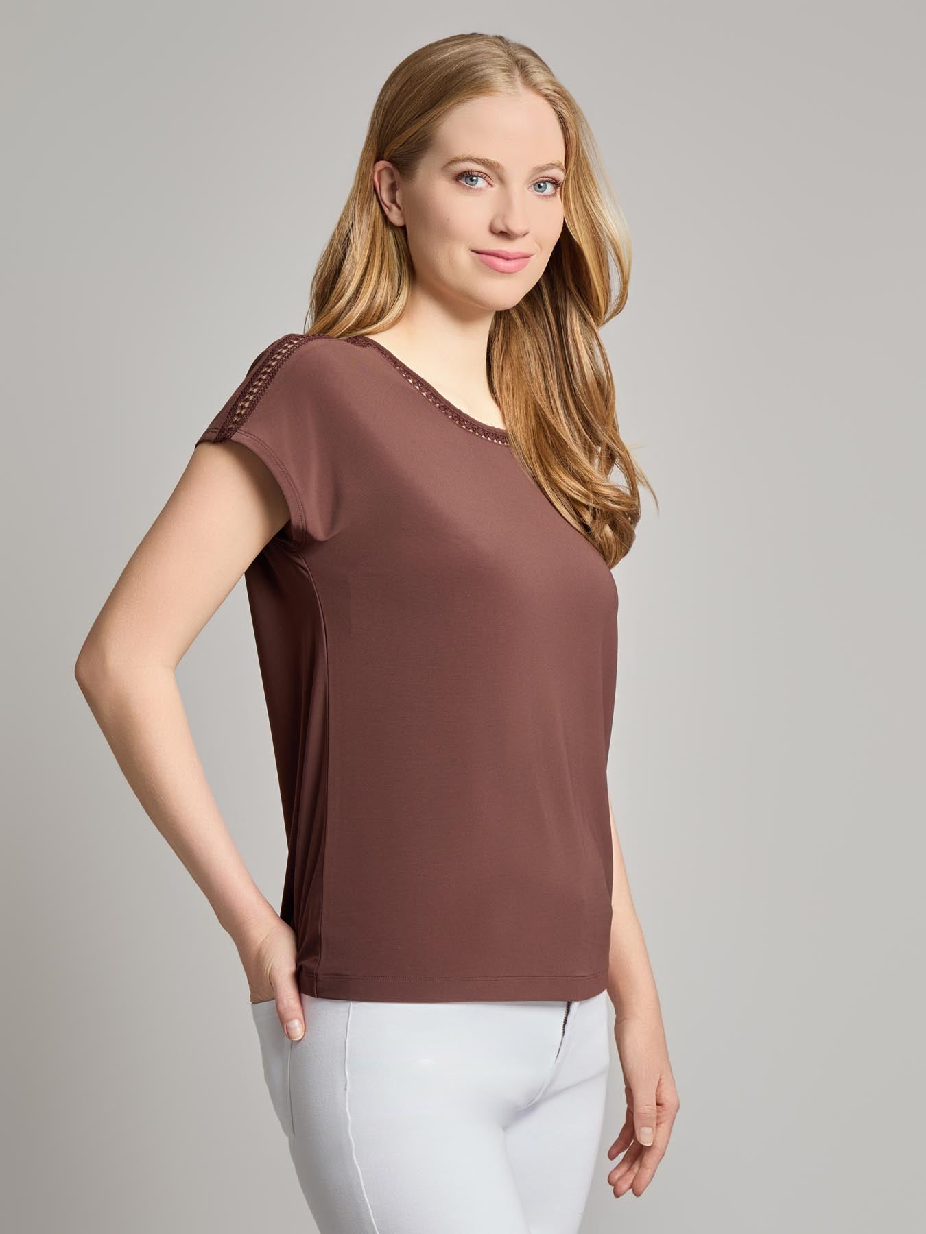 Extended Shoulder Trim Neck Top, Knit Jersey 2 Extended Shoulder Trim Neck Top, Knit Jersey