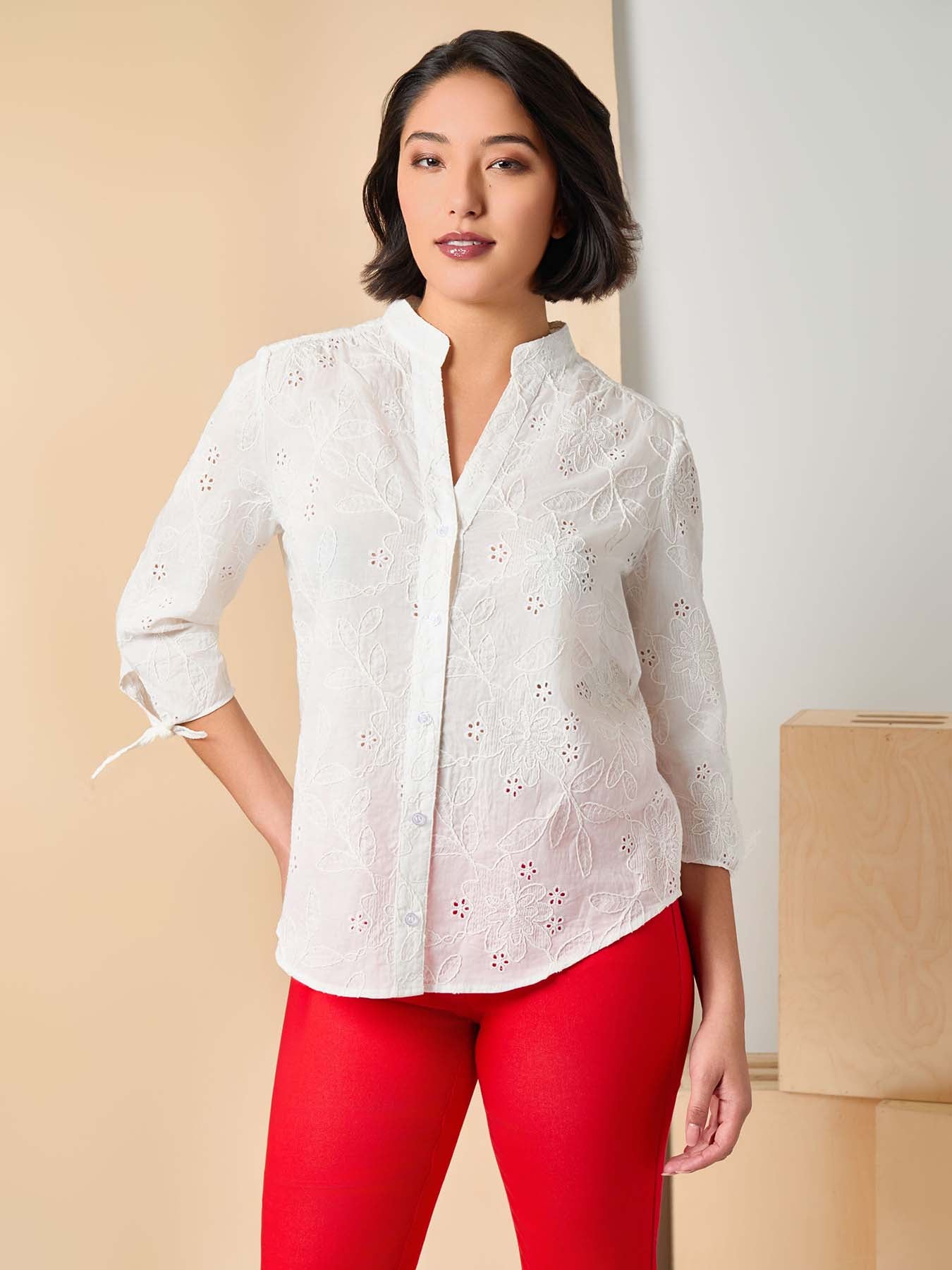 Button Front Tie-Sleeve Shirt, Cotton Eyelet