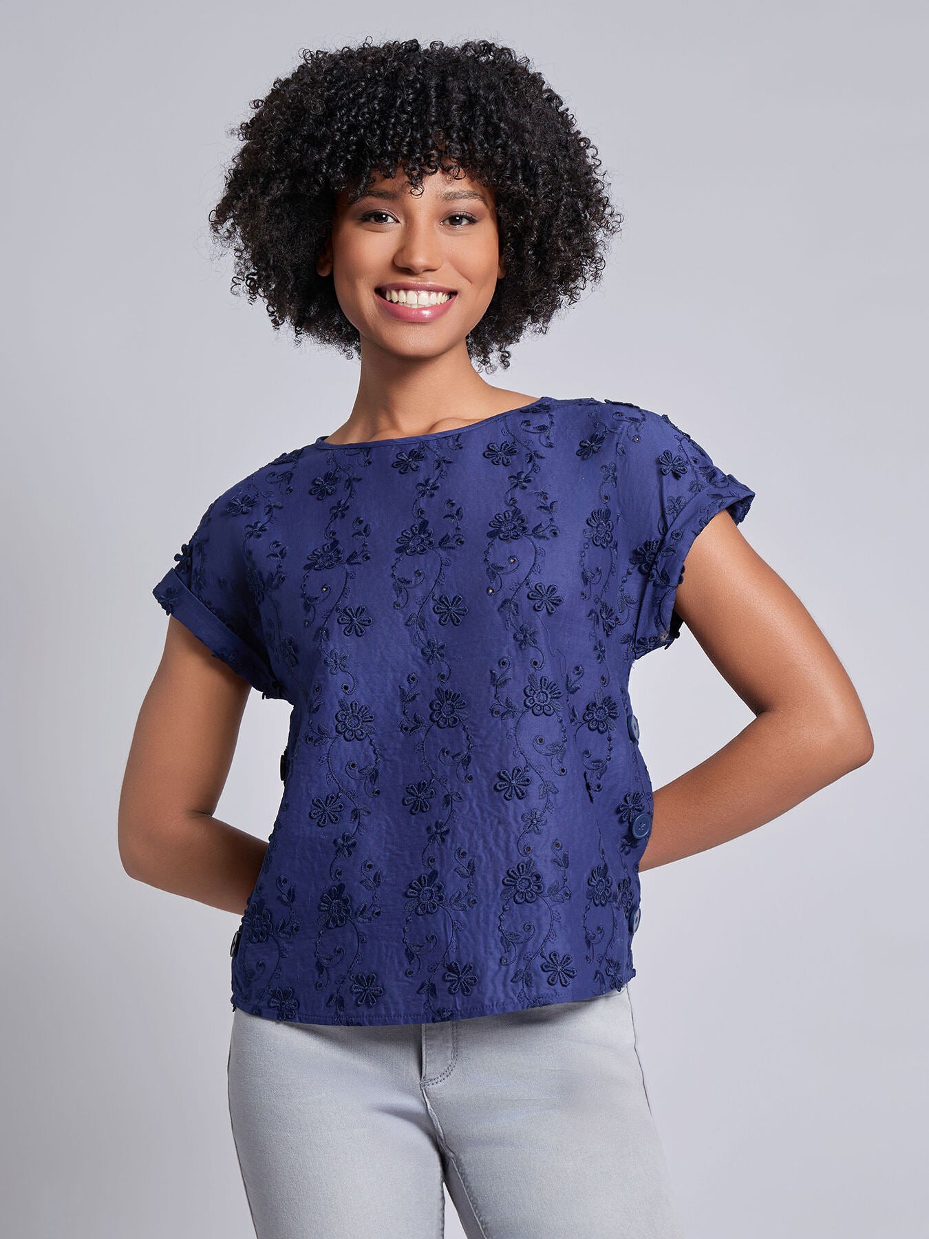 Short Sleeve Button Detail Blouse, Floral Eyelet