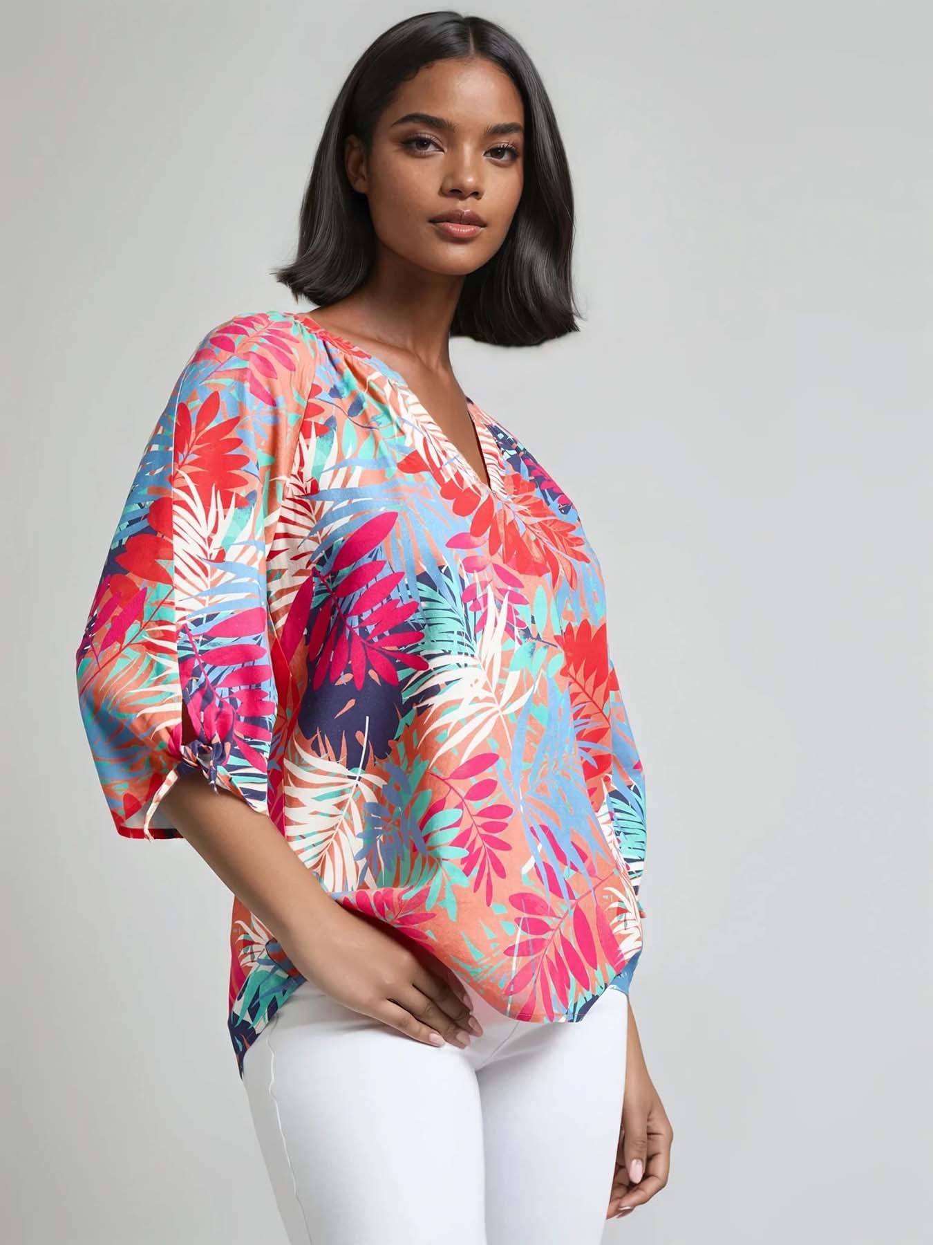 Petite Print V-Neck Tie-Sleeve Blouse, Linen Blend 2 Petite Print V-Neck Tie-Sleeve Blouse, Linen Blend