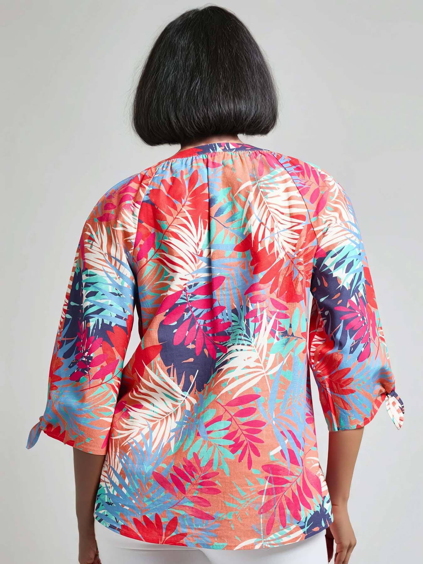 Petite Print V-Neck Tie-Sleeve Blouse, Linen Blend 3 Petite Print V-Neck Tie-Sleeve Blouse, Linen Blend